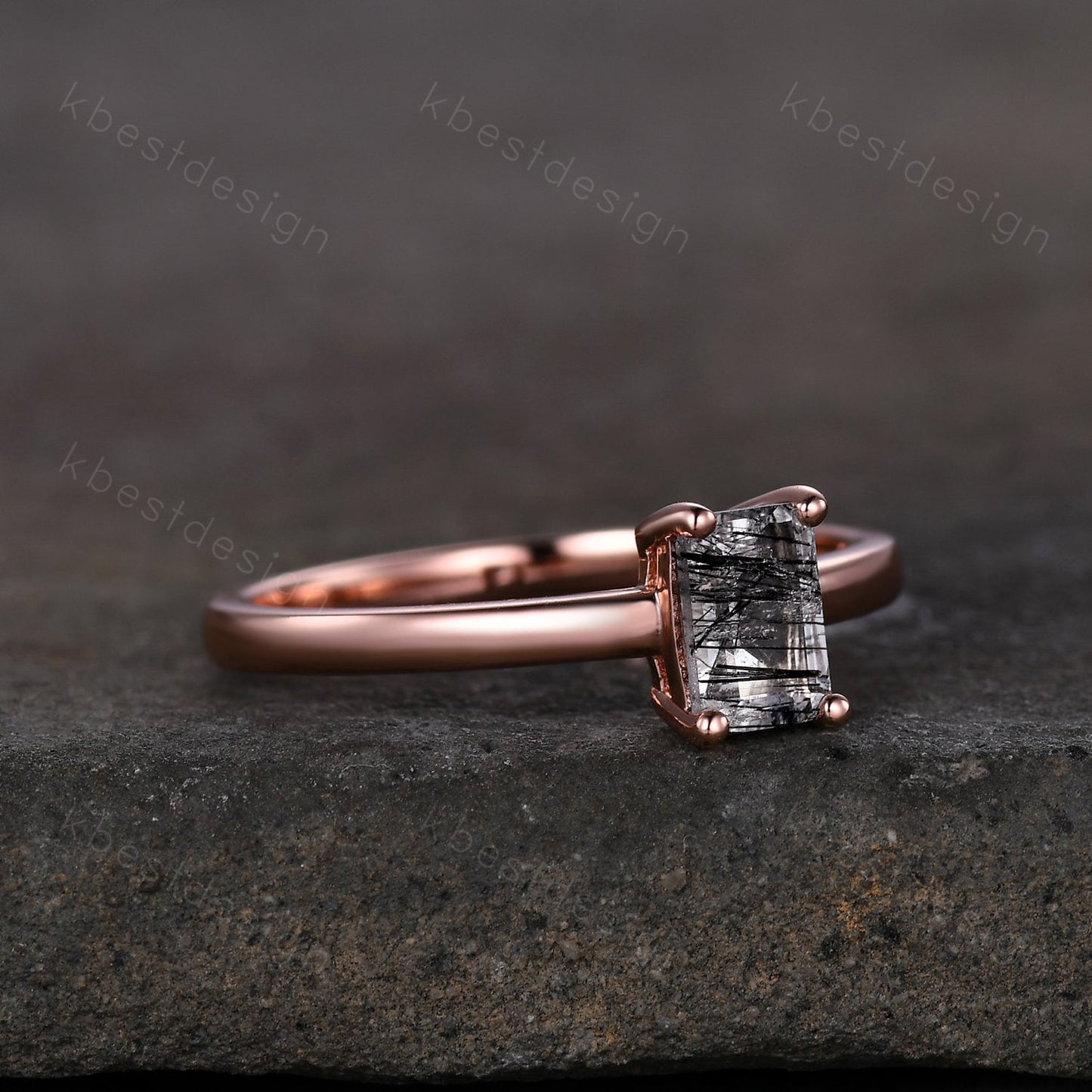 Emerald cut black rutilated quartz ring rose gold solitaire engagement ring minimalist ring delicate black stone ring anniversary ring