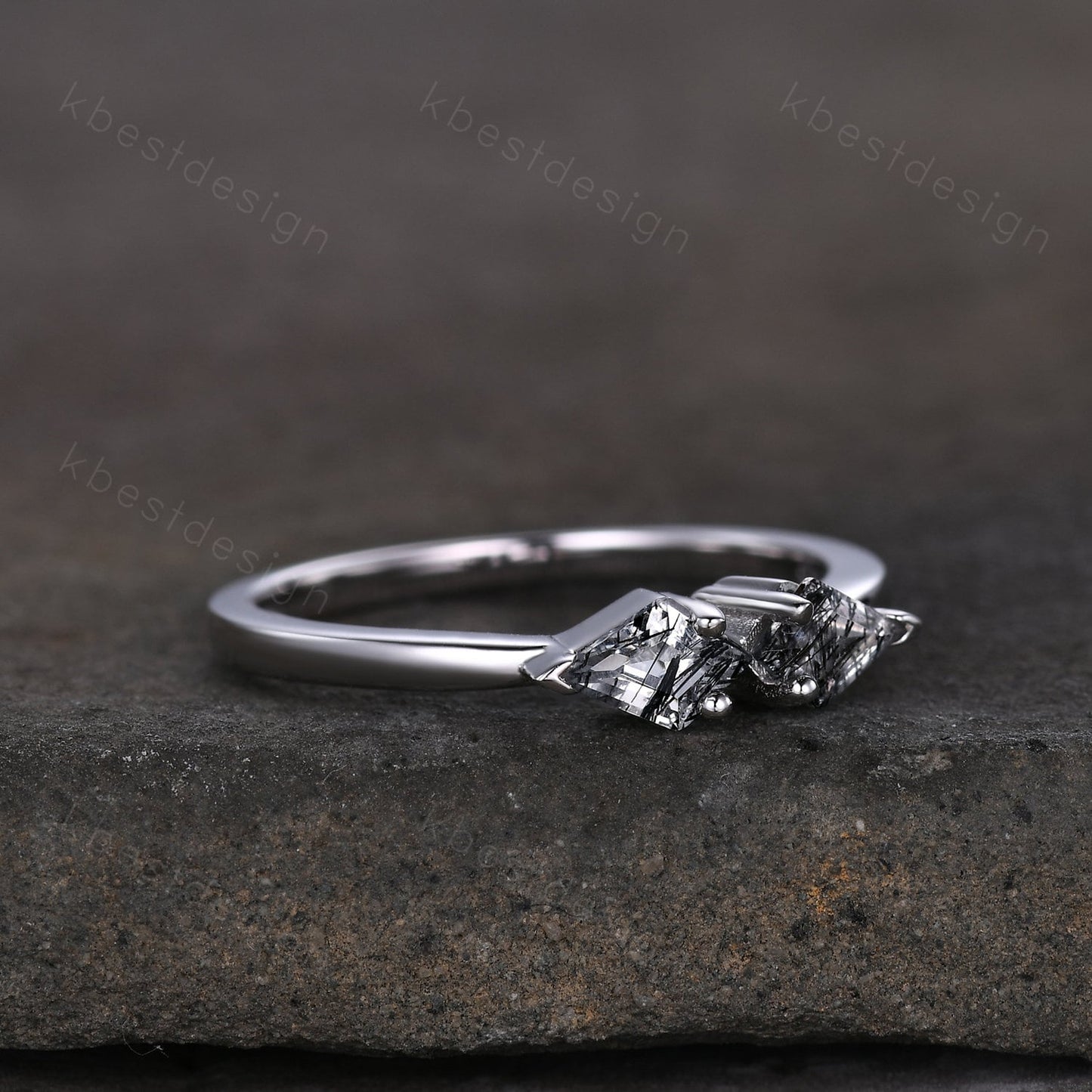 Kite cut natural black rutilated quartz ring unique black stone ring Two stone ring silver art deco stacking ring women anniversary band