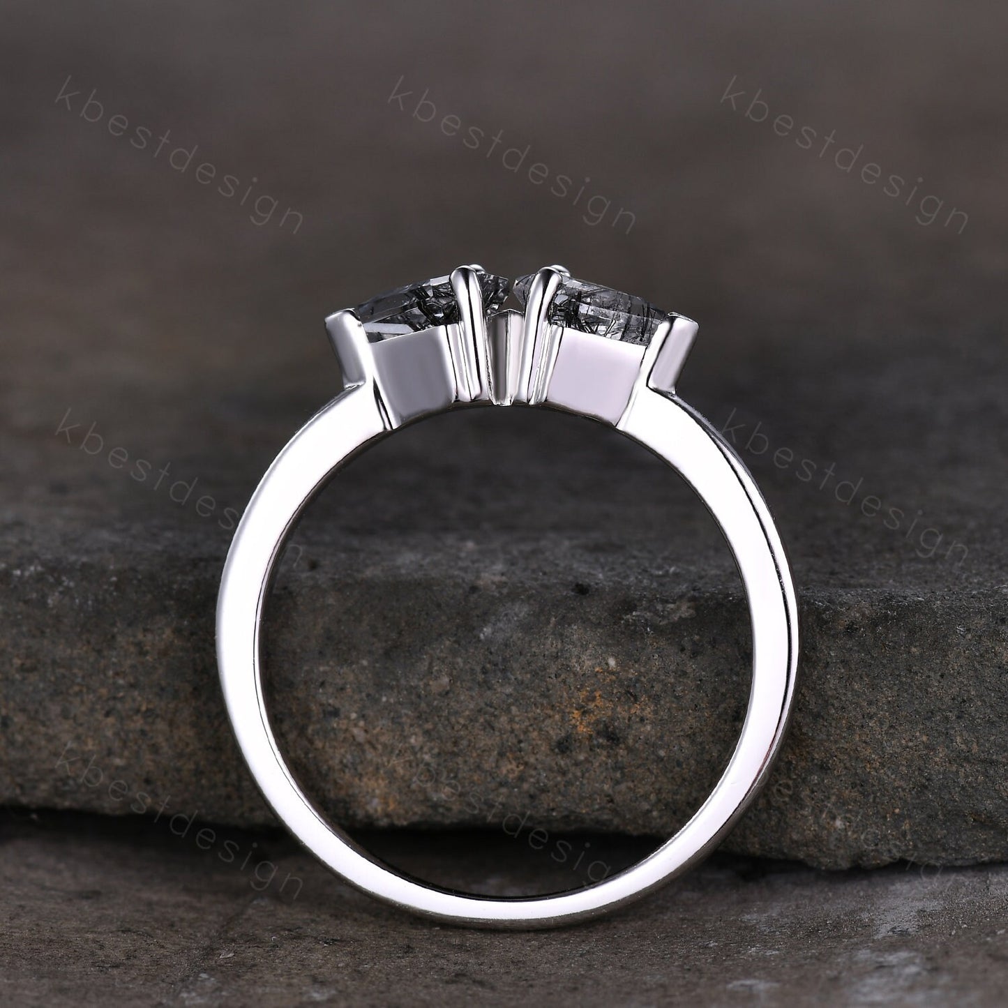 Kite cut natural black rutilated quartz ring unique black stone ring Two stone ring silver art deco stacking ring women anniversary band