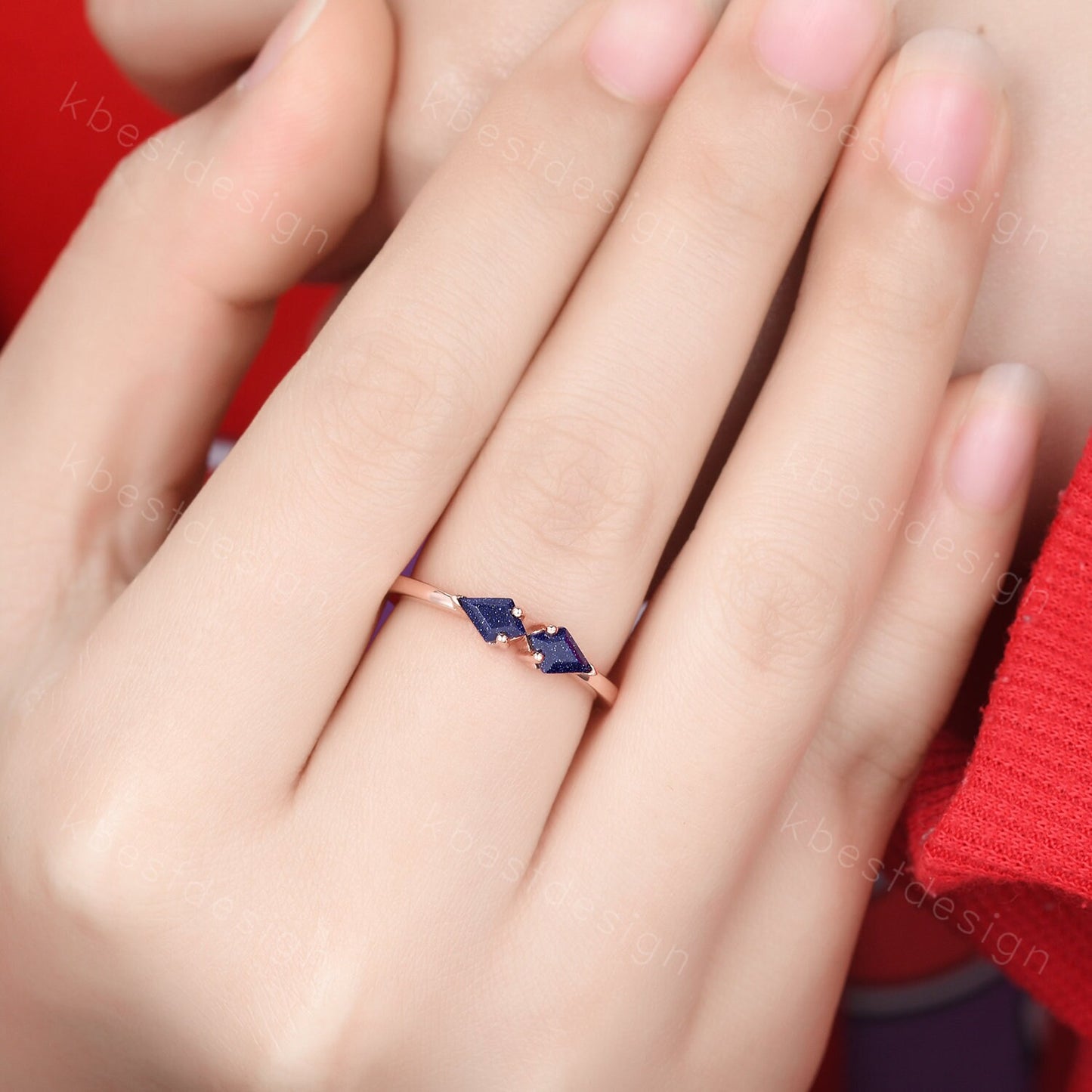 Kite cut blue sandstone wedding band solid 14k rose gold stacking unique vintage wedding ring band for women anniversary ring gift