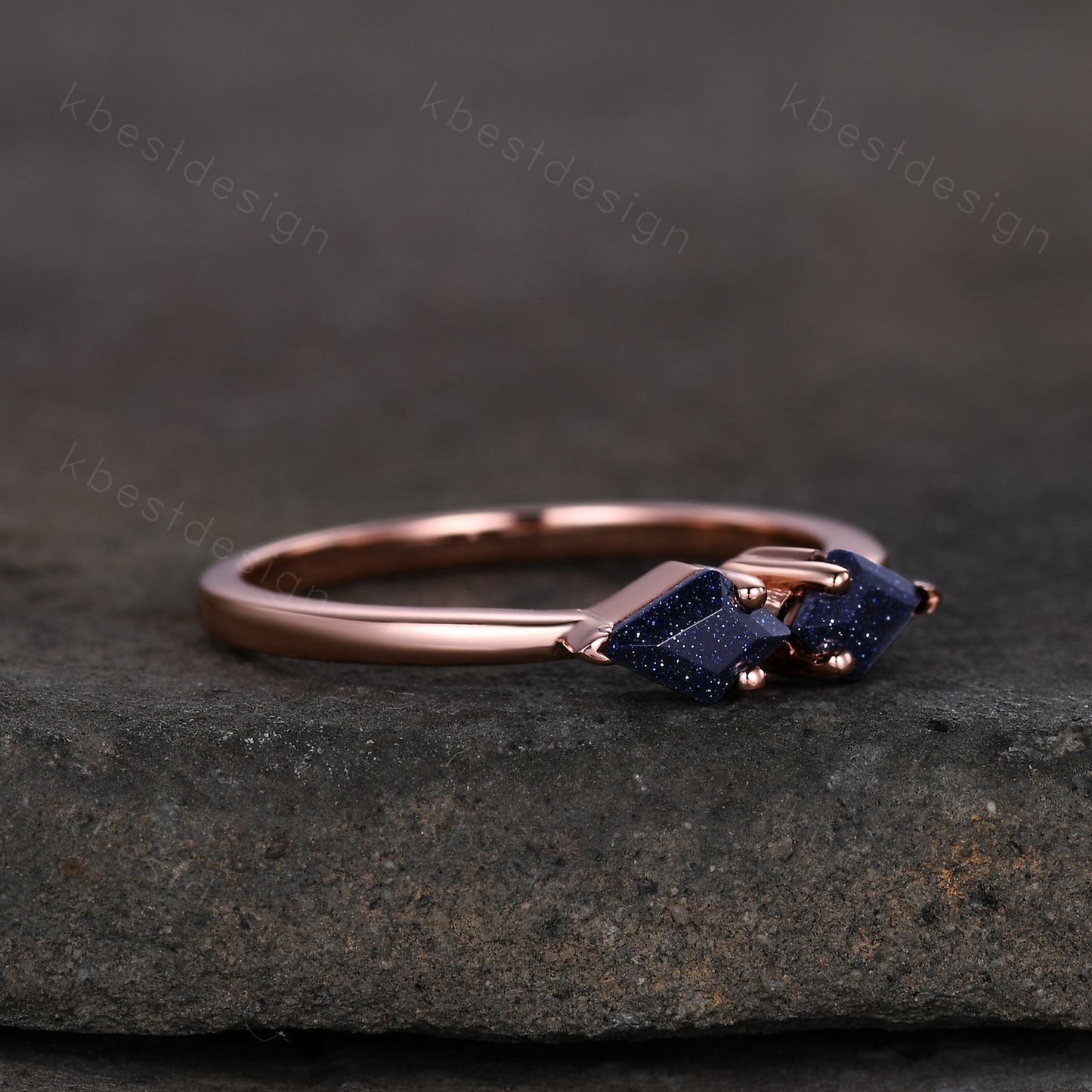 Kite cut blue sandstone wedding band solid 14k rose gold stacking unique vintage wedding ring band for women anniversary ring gift