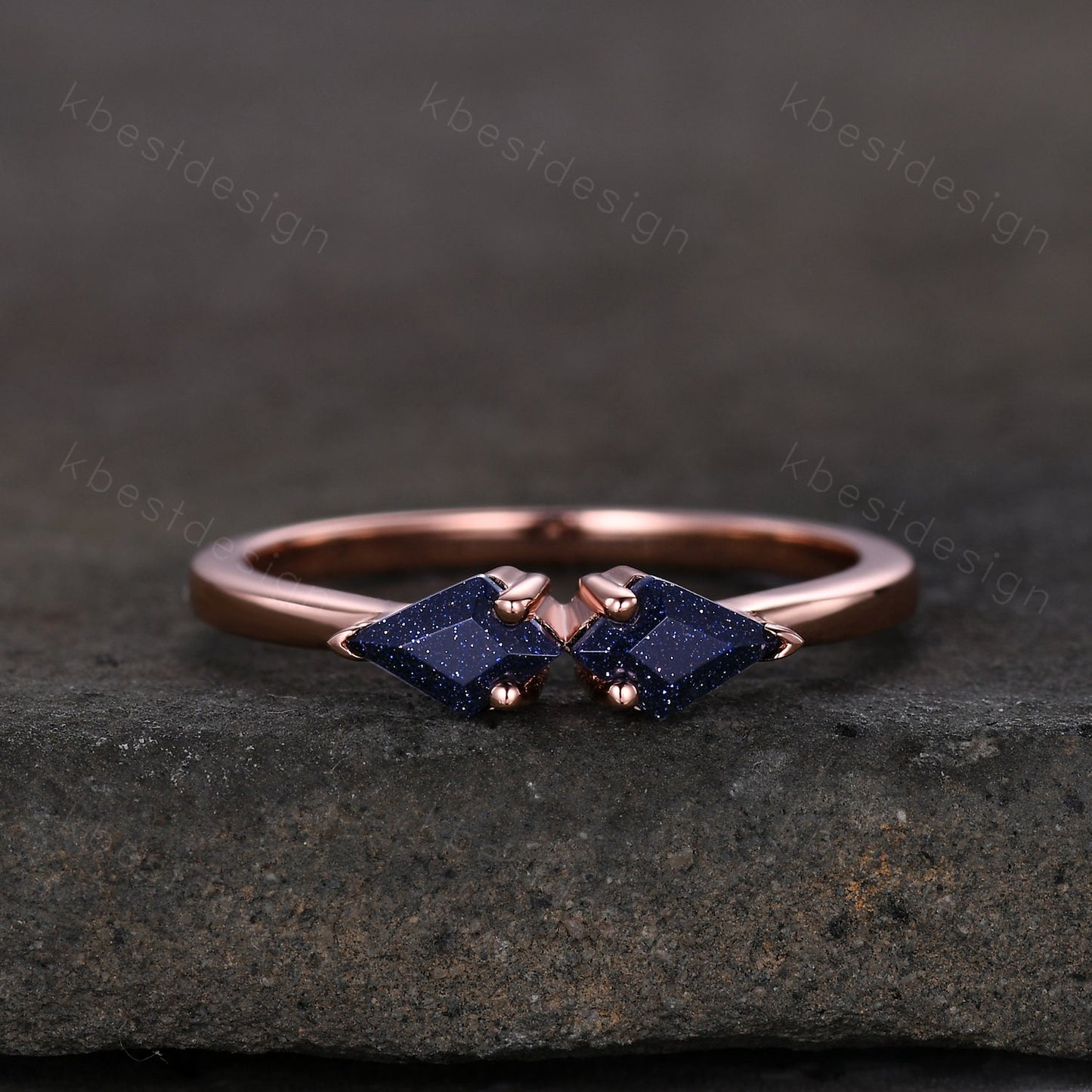 Kite cut blue sandstone wedding band solid 14k rose gold stacking unique vintage wedding ring band for women anniversary ring gift