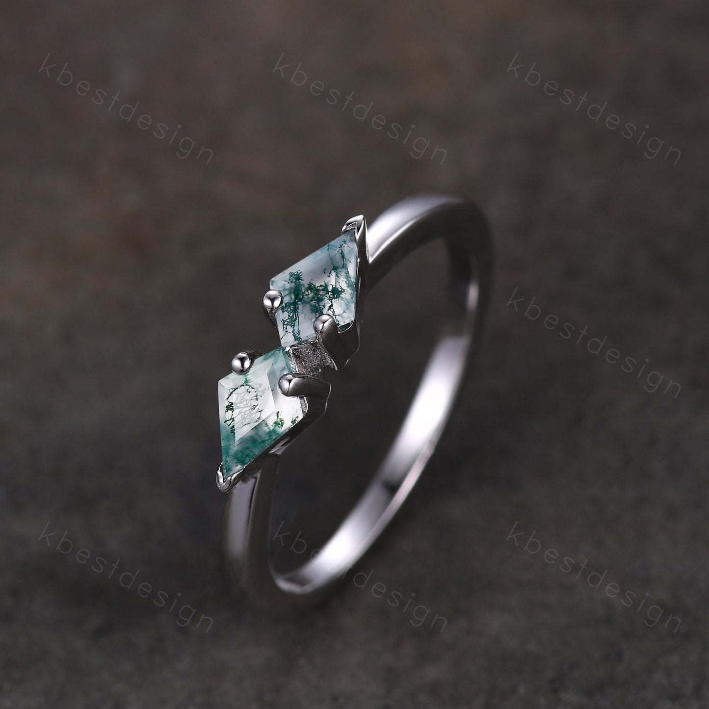 Unique kite cut green moss agate wedding ring art deco silver moss agate ring two stone stacking band bridal wedding ring Platinum ring