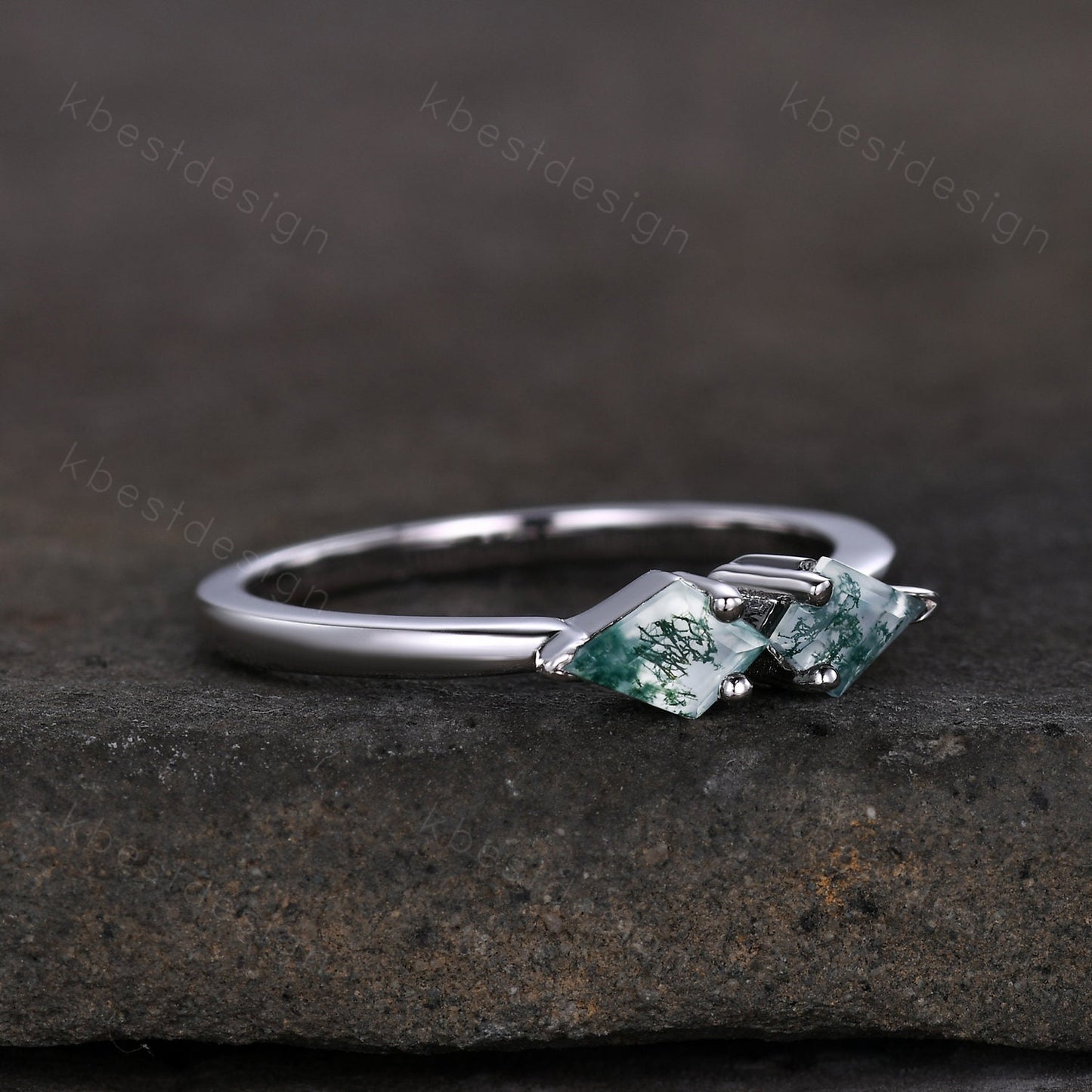 Unique kite cut green moss agate wedding ring art deco silver moss agate ring two stone stacking band bridal wedding ring Platinum ring