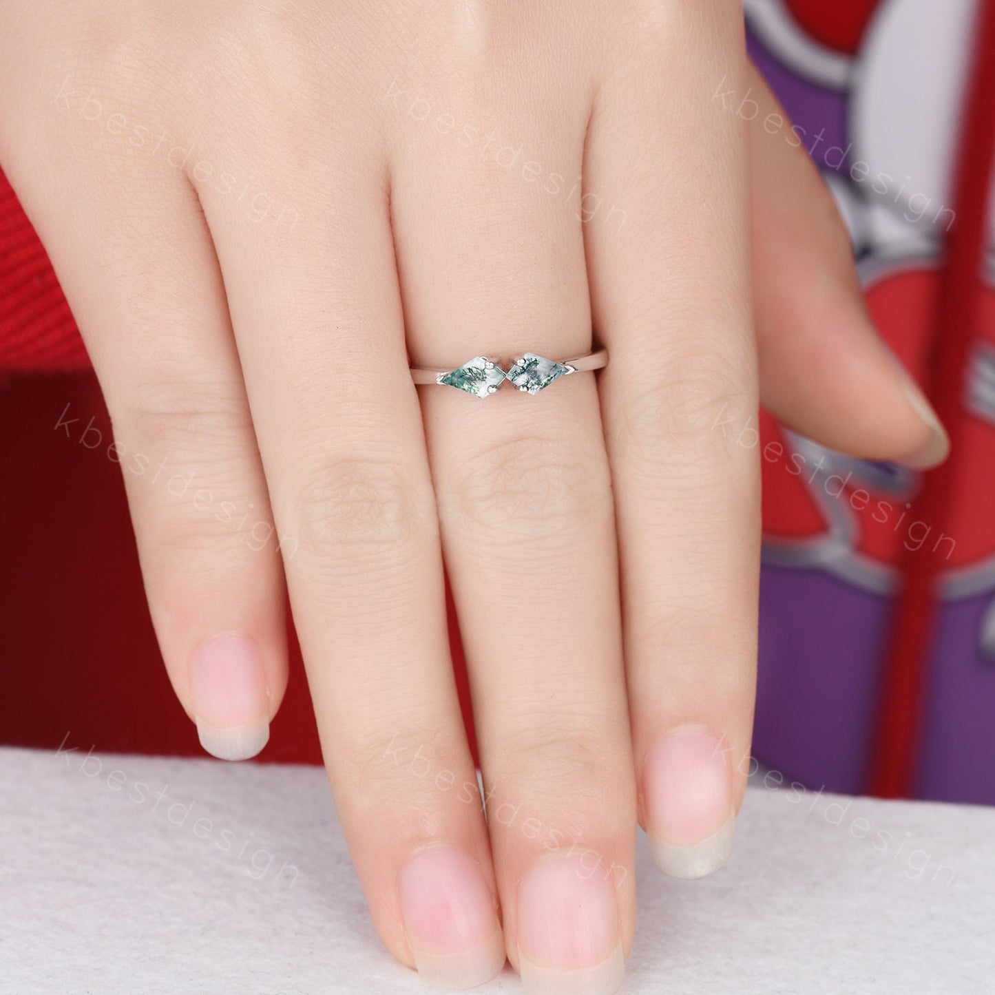 Unique kite cut green moss agate wedding ring art deco silver moss agate ring two stone stacking band bridal wedding ring Platinum ring