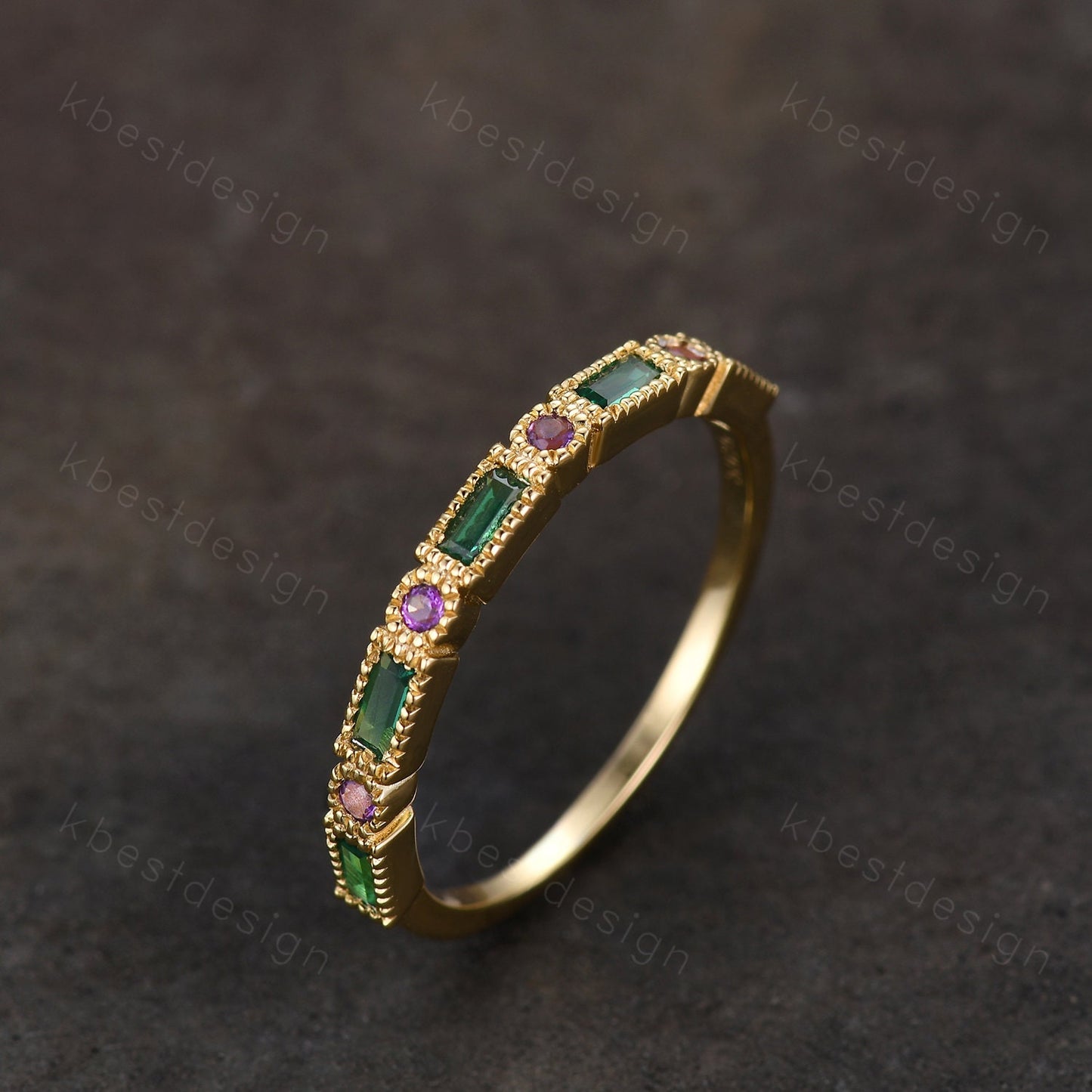Art Deco Emerald wedding band solid 14k Yellow gold emerald amethyst wedding band vintage baguette Stacking ring women Anniversary band