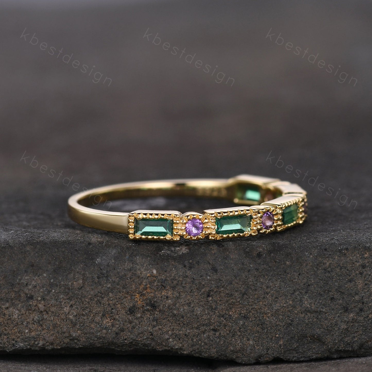 Art Deco Emerald wedding band solid 14k Yellow gold emerald amethyst wedding band vintage baguette Stacking ring women Anniversary band