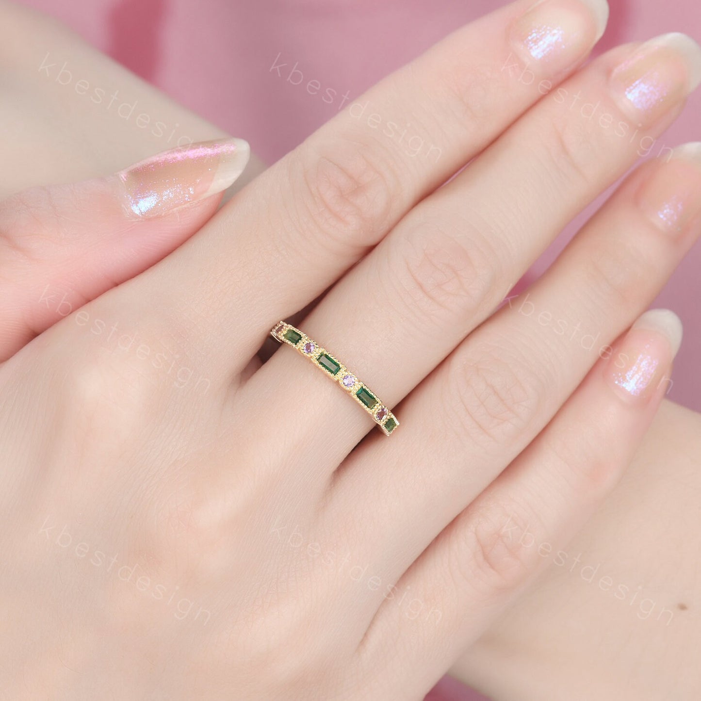 Art Deco Emerald wedding band solid 14k Yellow gold emerald amethyst wedding band vintage baguette Stacking ring women Anniversary band