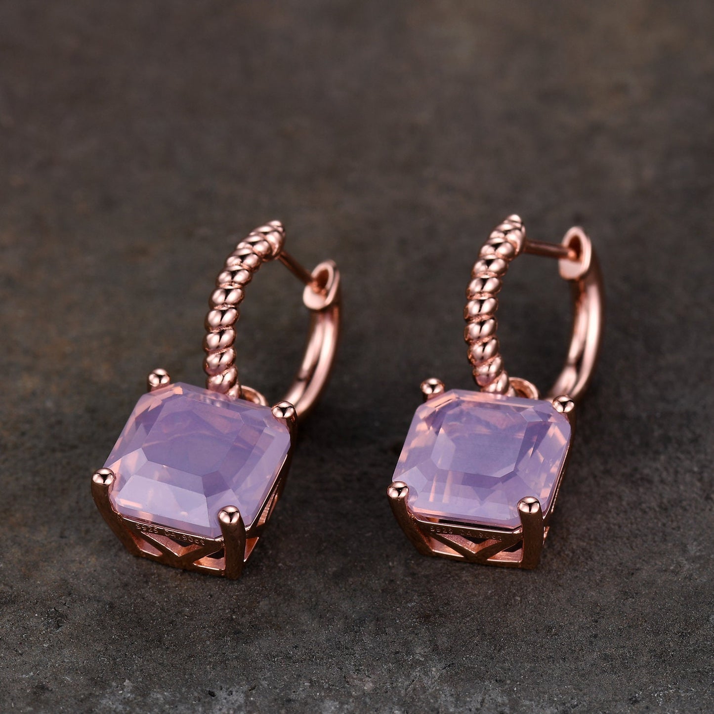 Asscher Lavender Amethyst Hoop Earrings / Dangling Amethyst Hoop Earrings / Rose Gold Twist Rope Hoop Earrings / Mothers Day Sale
