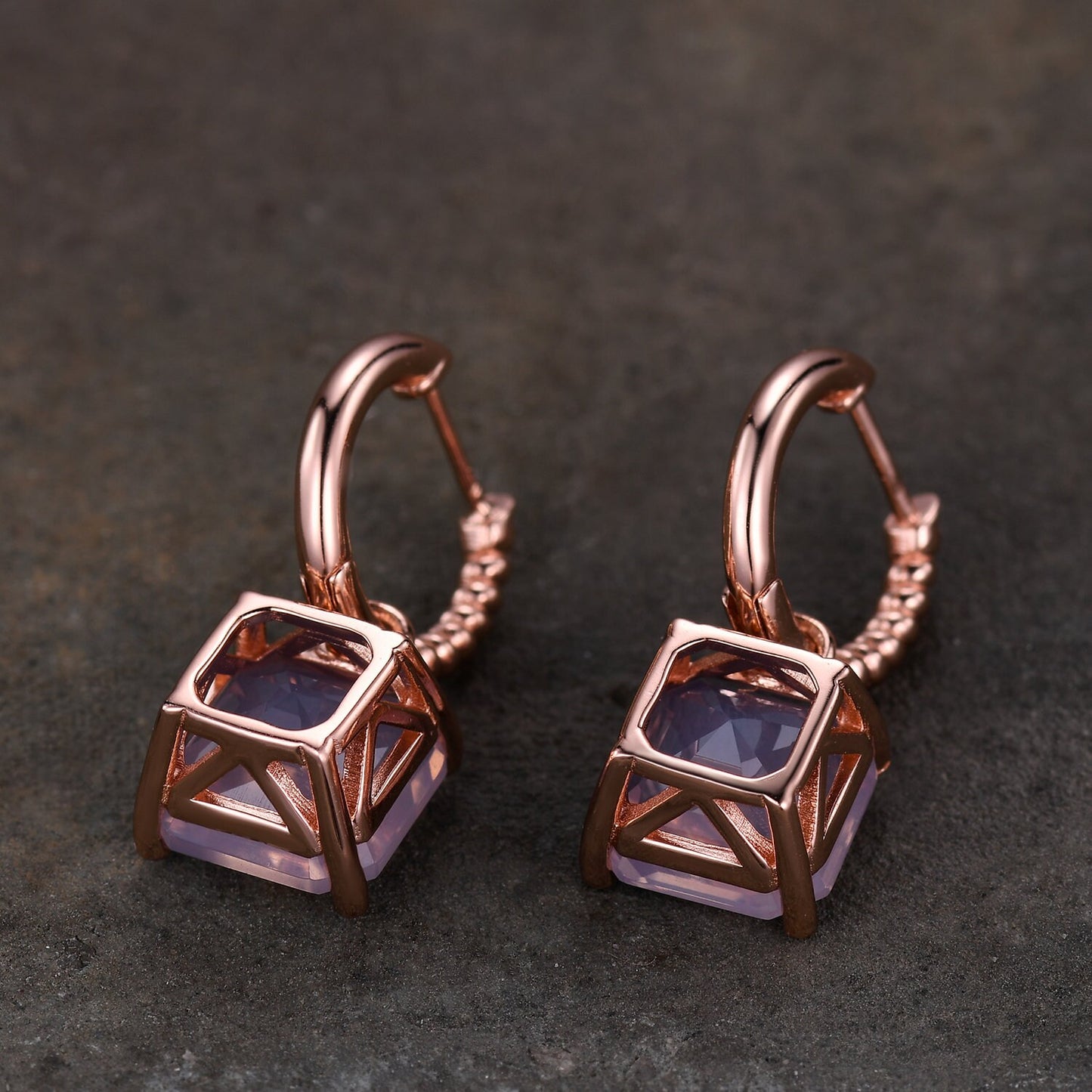 Asscher Lavender Amethyst Hoop Earrings / Dangling Amethyst Hoop Earrings / Rose Gold Twist Rope Hoop Earrings / Mothers Day Sale