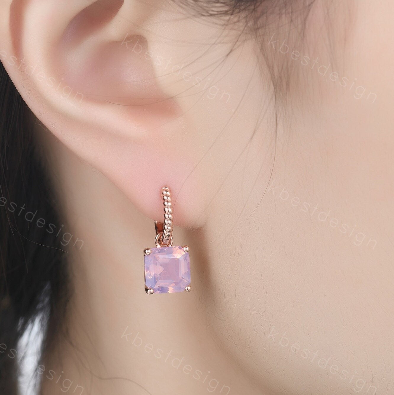 Asscher Lavender Amethyst Hoop Earrings / Dangling Amethyst Hoop Earrings / Rose Gold Twist Rope Hoop Earrings / Mothers Day Sale