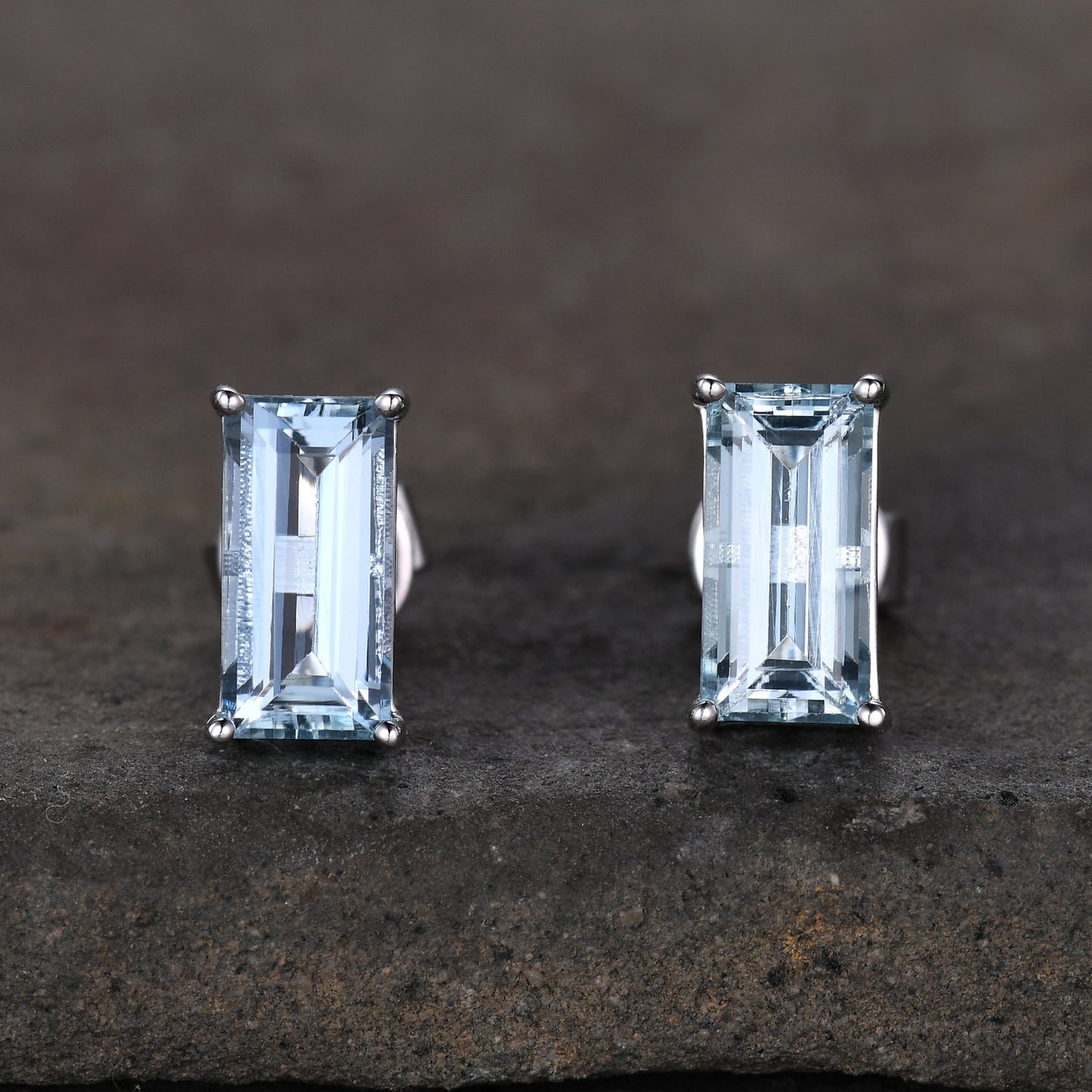 Baguette Aquamarine Stud 14k Gold Baguette Aquamarine Solitaire Earrings Basket Set Stud Earrings 8X5mm Rectangle Aquamarine Earrings