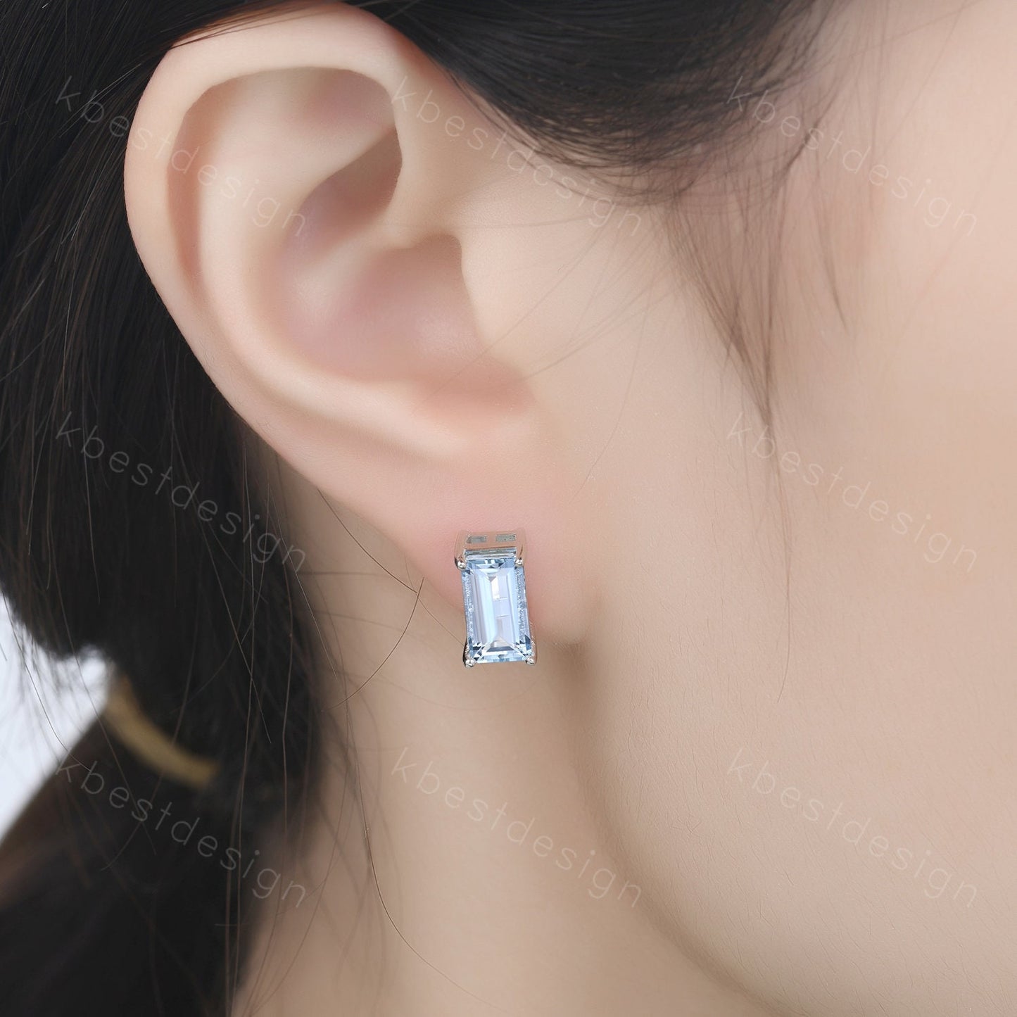Baguette Aquamarine Stud 14k Gold Baguette Aquamarine Solitaire Earrings Basket Set Stud Earrings 8X5mm Rectangle Aquamarine Earrings