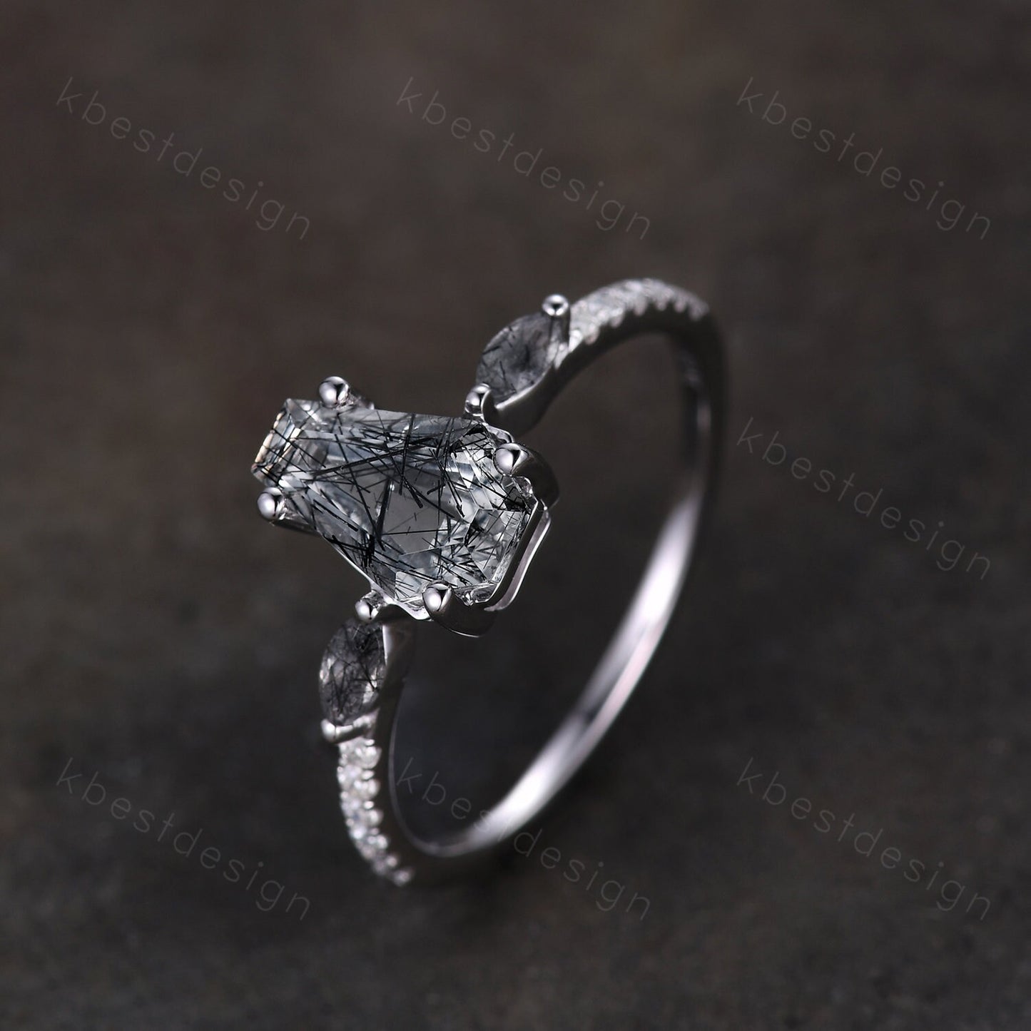 Vintage coffin cut black rutilated quartz engagement ring Marquise cut ring sterling silver unique ring Moissanite accents Anniversary ring