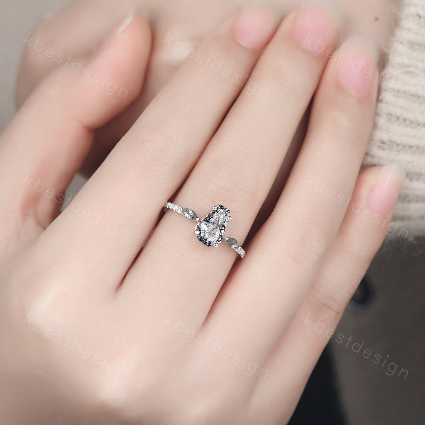 Vintage coffin cut black rutilated quartz engagement ring Marquise cut ring sterling silver unique ring Moissanite accents Anniversary ring