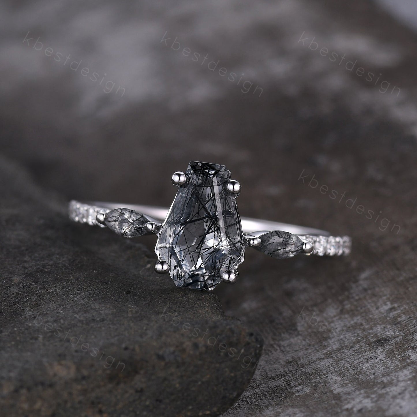 Vintage coffin cut black rutilated quartz engagement ring Marquise cut ring sterling silver unique ring Moissanite accents Anniversary ring