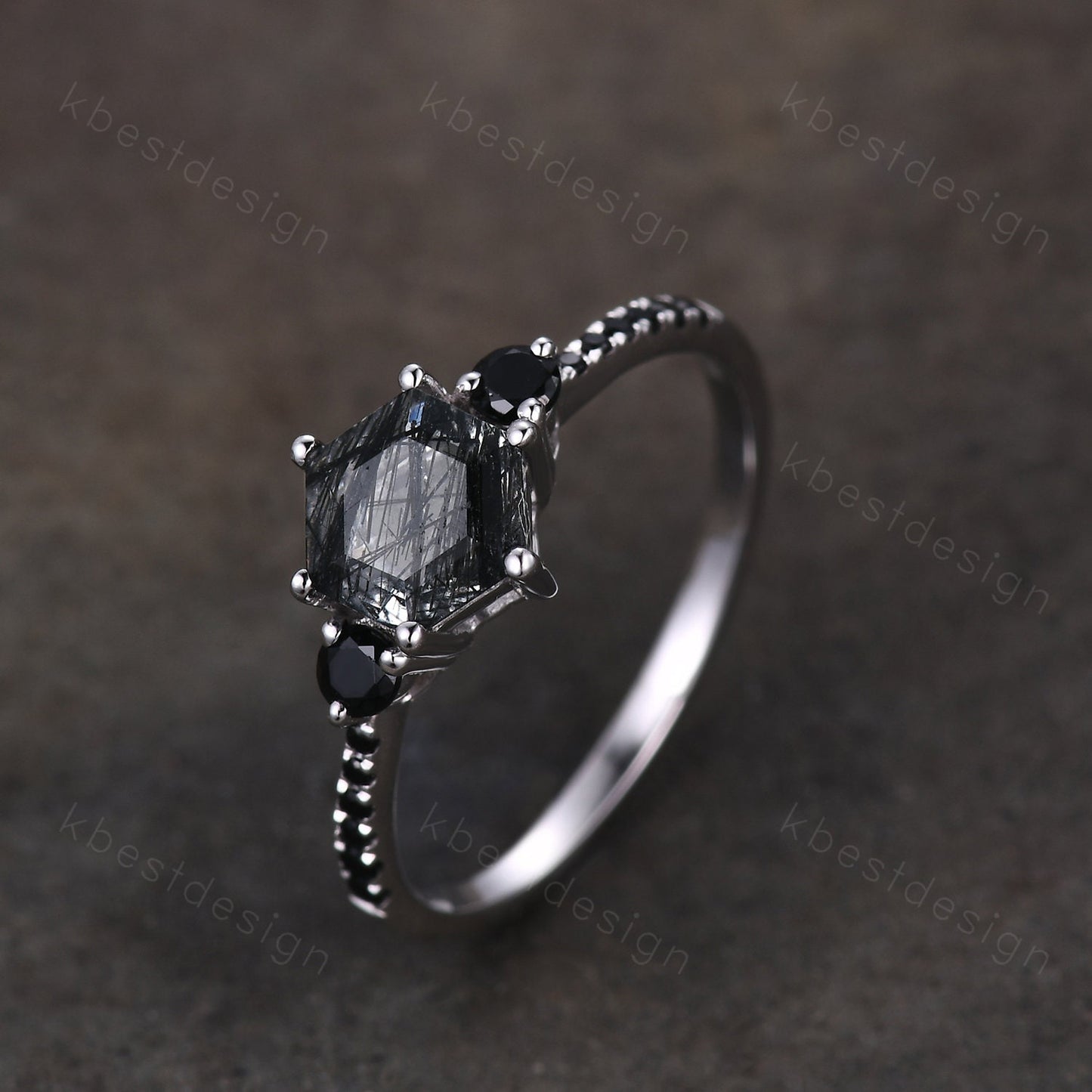 Hexagon cut black rutilated quartz engagement ring unique black spinel ring women black gemstone ring sterling silver three stone ring