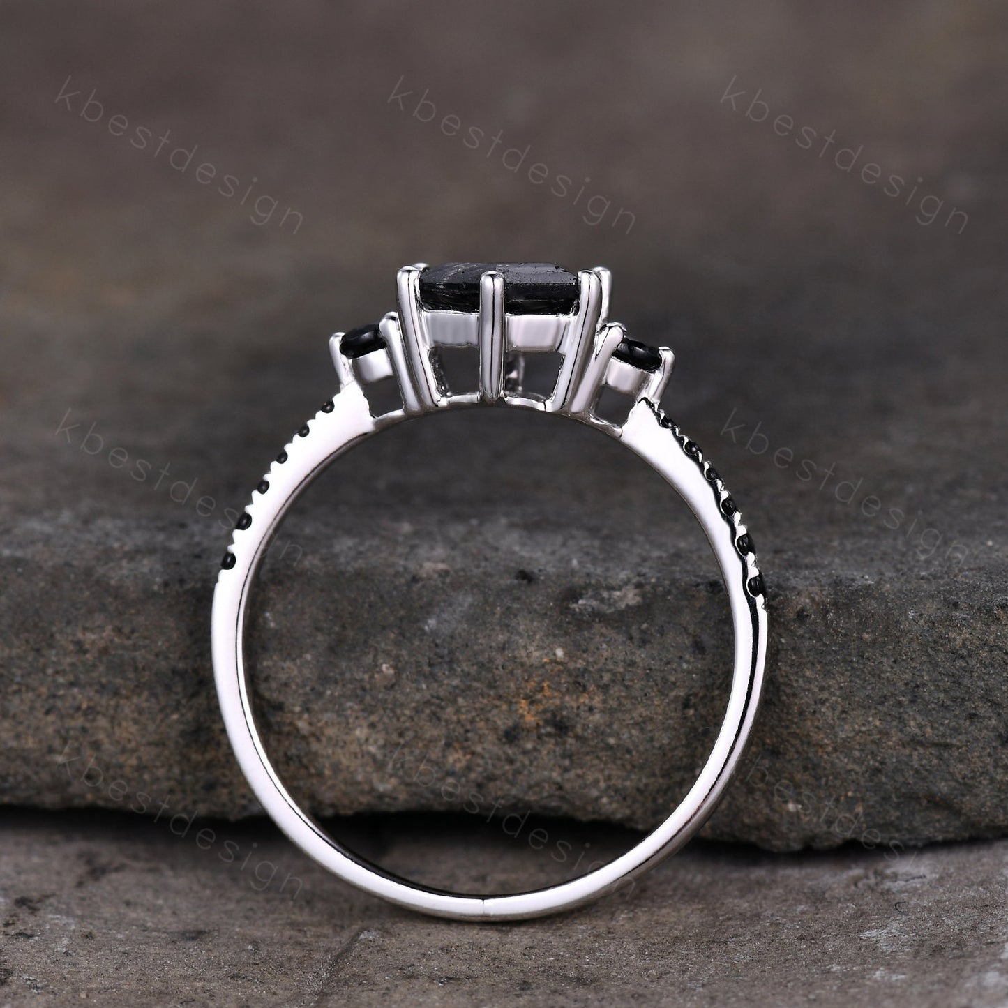 Hexagon cut black rutilated quartz engagement ring unique black spinel ring women black gemstone ring sterling silver three stone ring