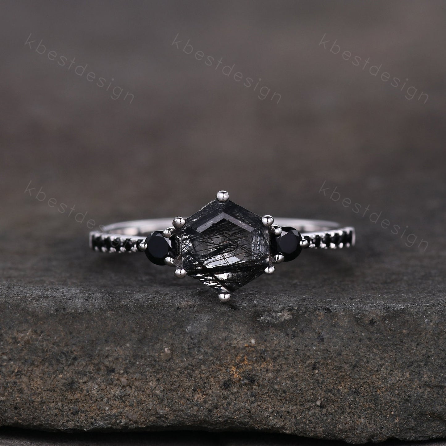 Hexagon cut black rutilated quartz engagement ring unique black spinel ring women black gemstone ring sterling silver three stone ring