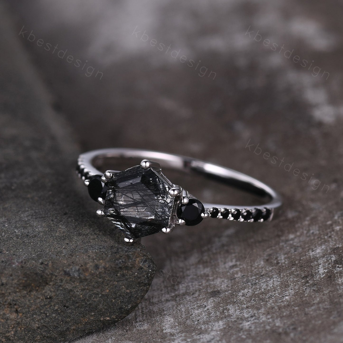 Hexagon cut black rutilated quartz engagement ring unique black spinel ring women black gemstone ring sterling silver three stone ring