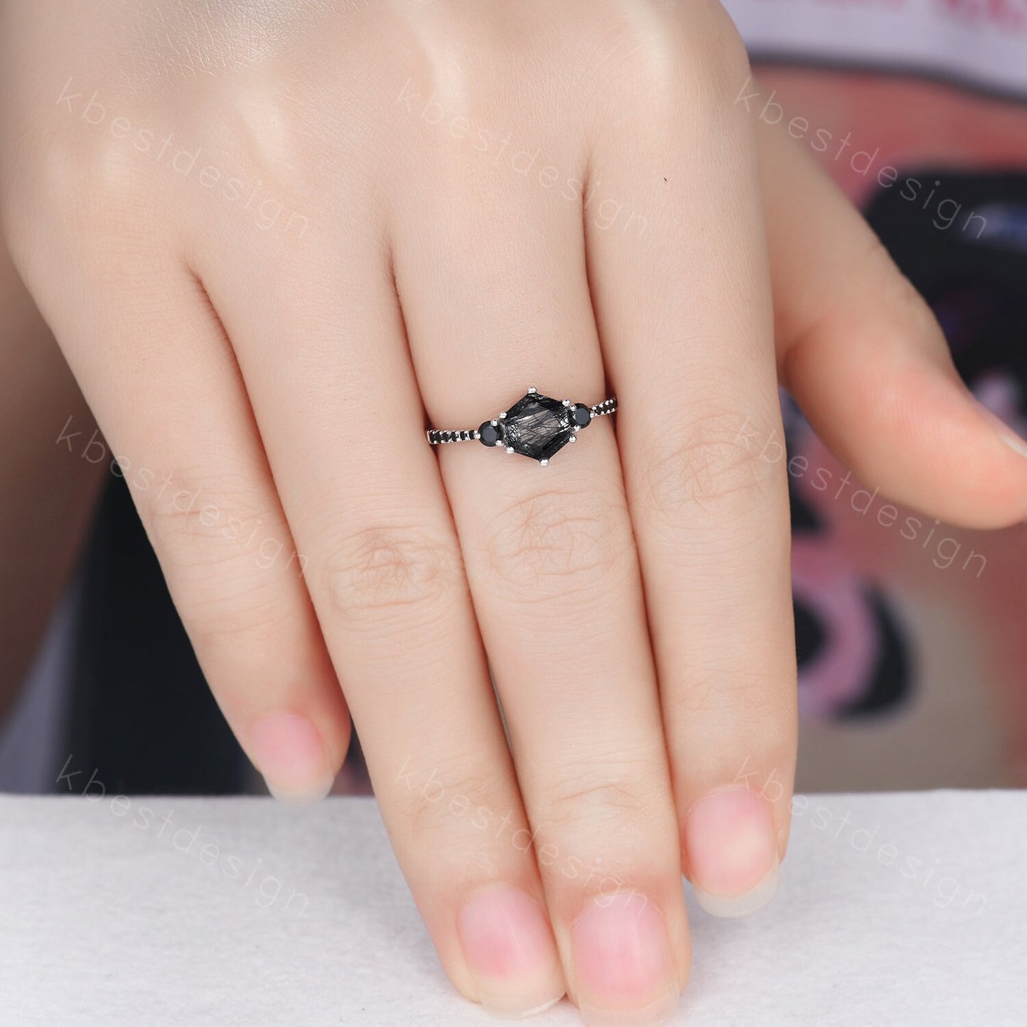 Hexagon cut black rutilated quartz engagement ring unique black spinel ring women black gemstone ring sterling silver three stone ring