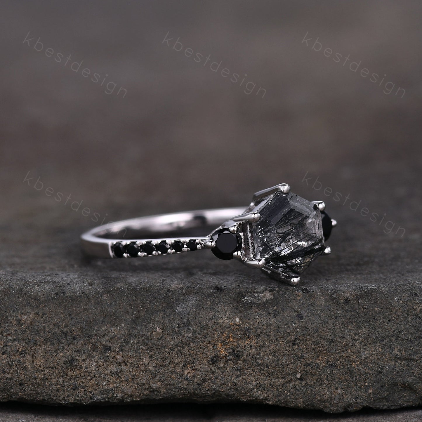 Hexagon cut black rutilated quartz engagement ring unique black spinel ring women black gemstone ring sterling silver three stone ring