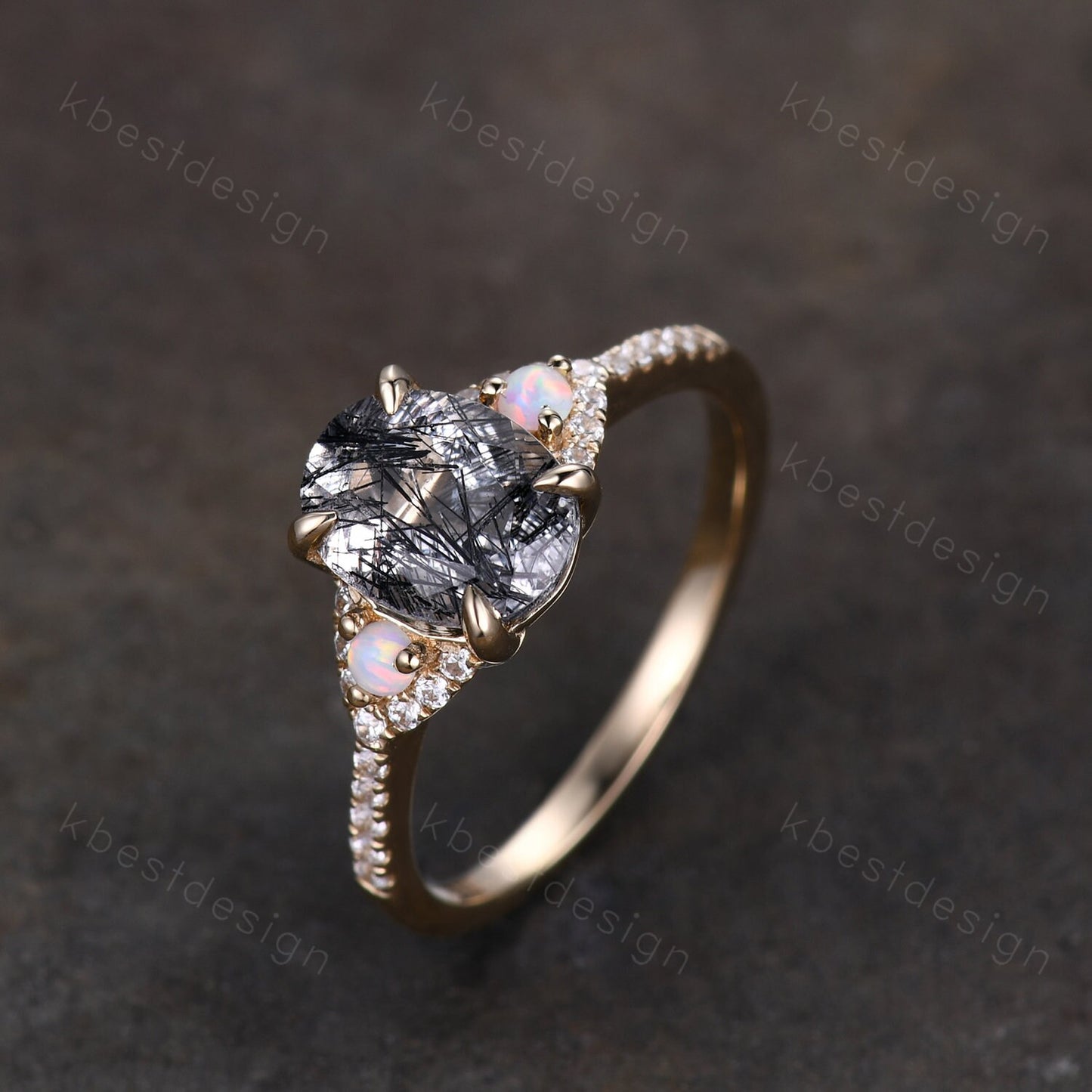 Oval cut black rutilated quartz engagement ring solid 14k yellow gold opal ring unique art deco moissanite bridal wedding ring Promise ring