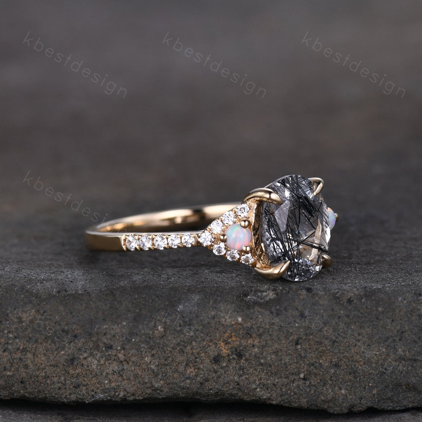 Oval cut black rutilated quartz engagement ring solid 14k yellow gold opal ring unique art deco moissanite bridal wedding ring Promise ring