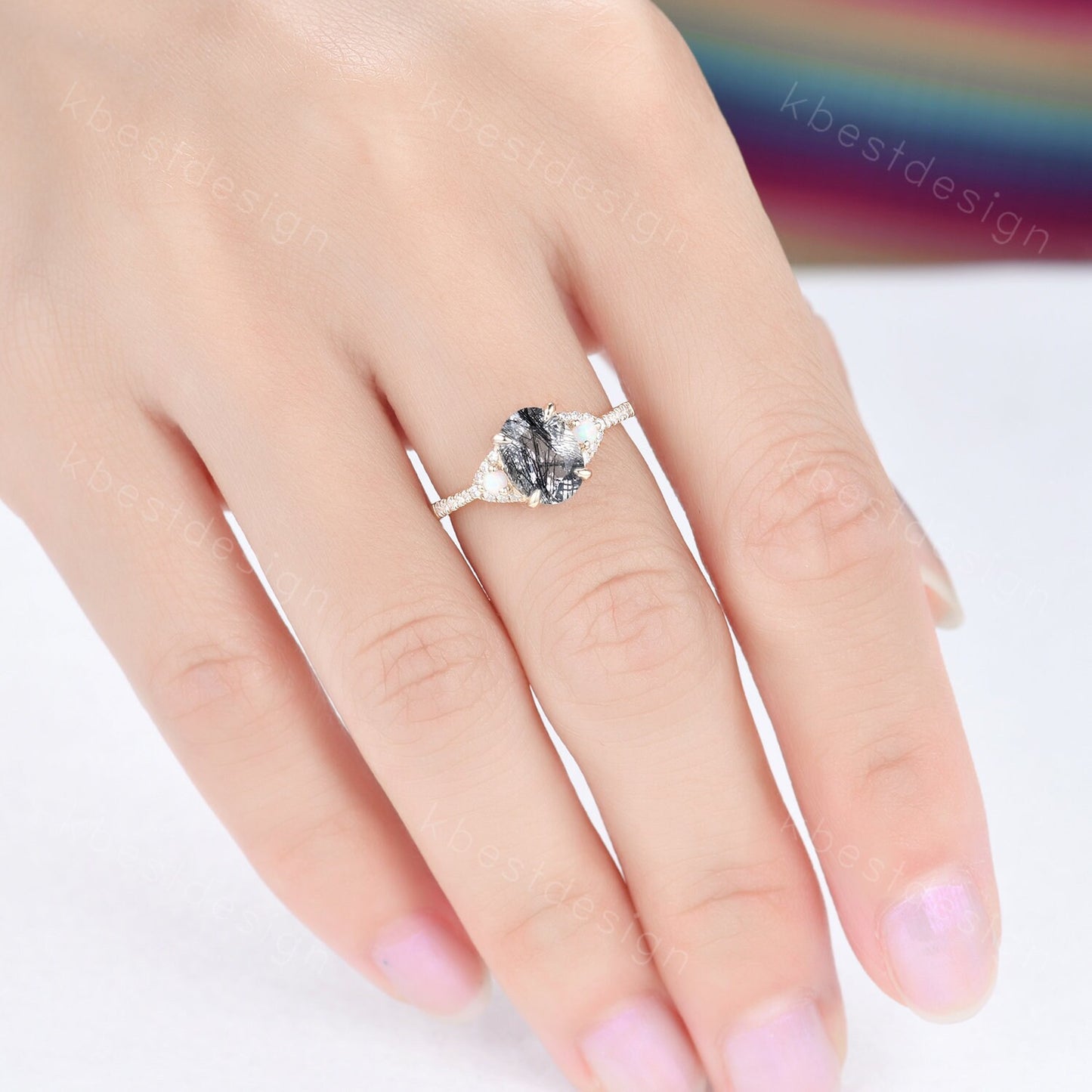 Oval cut black rutilated quartz engagement ring solid 14k yellow gold opal ring unique art deco moissanite bridal wedding ring Promise ring