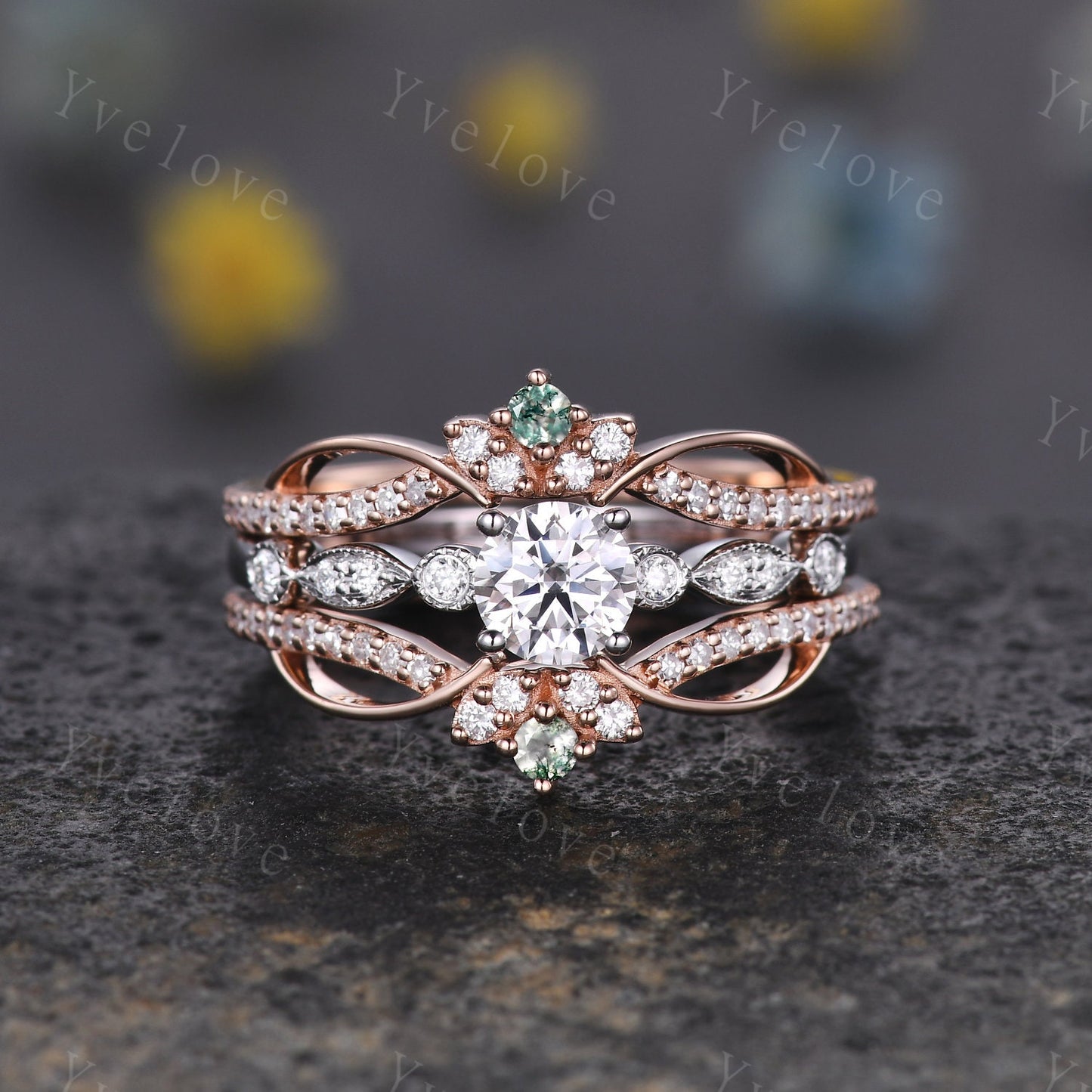 Dainty Moss Agate Moissanite wedding band V Curved Diamond wedding band Enhancer Band Stacking Matching Band Bridal Promise Anniversary Gift