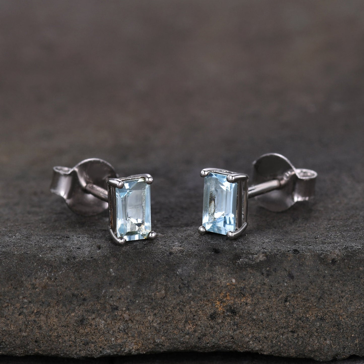Aquamarine Stud Earrings, Tiny Aquamarine Studs, Baguette Earrings, Solitaire Earrings, March Jewelry, Minimalist Earrings, Dainty Studs