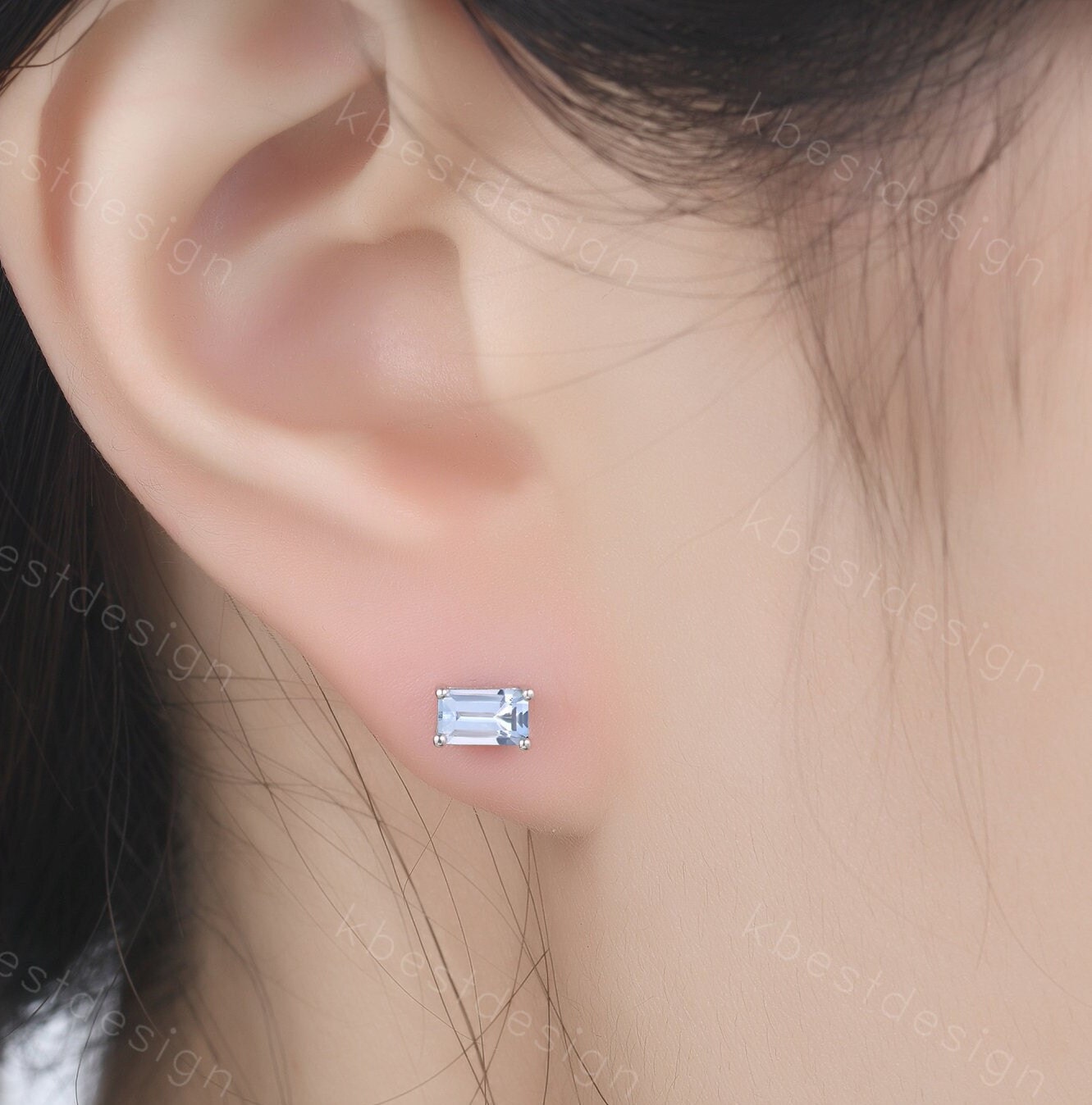 Aquamarine Stud Earrings, Tiny Aquamarine Studs, Baguette Earrings, Solitaire Earrings, March Jewelry, Minimalist Earrings, Dainty Studs