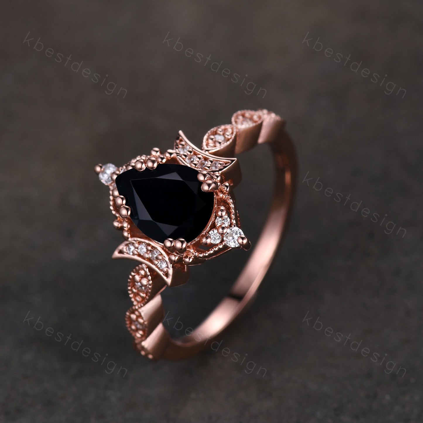 Pear shaped black onyx engagement ring unique moon style ring vintage art deco moissanite wedding ring Antique bridal Promise ring