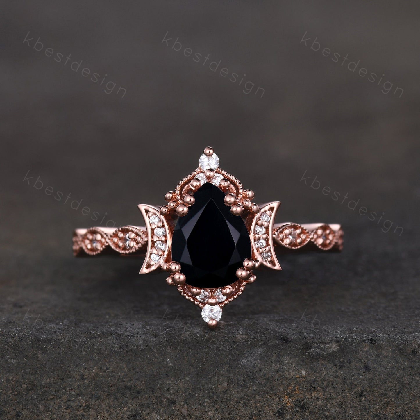 Vintage black onyx engagement ring pear cut ring silver unique moon style ring art deco moissanite wedding ring promise anniversary ring