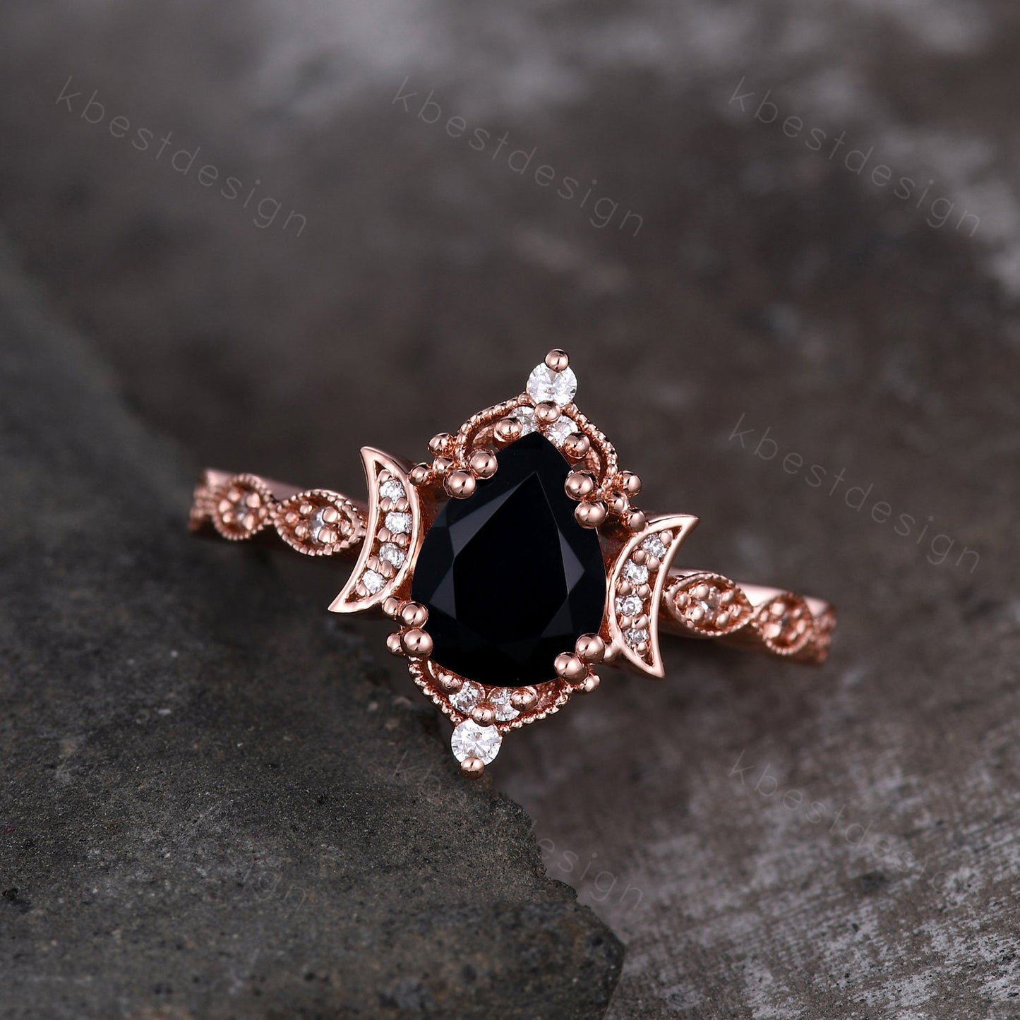 Vintage black onyx engagement ring pear cut ring silver unique moon style ring art deco moissanite wedding ring promise anniversary ring