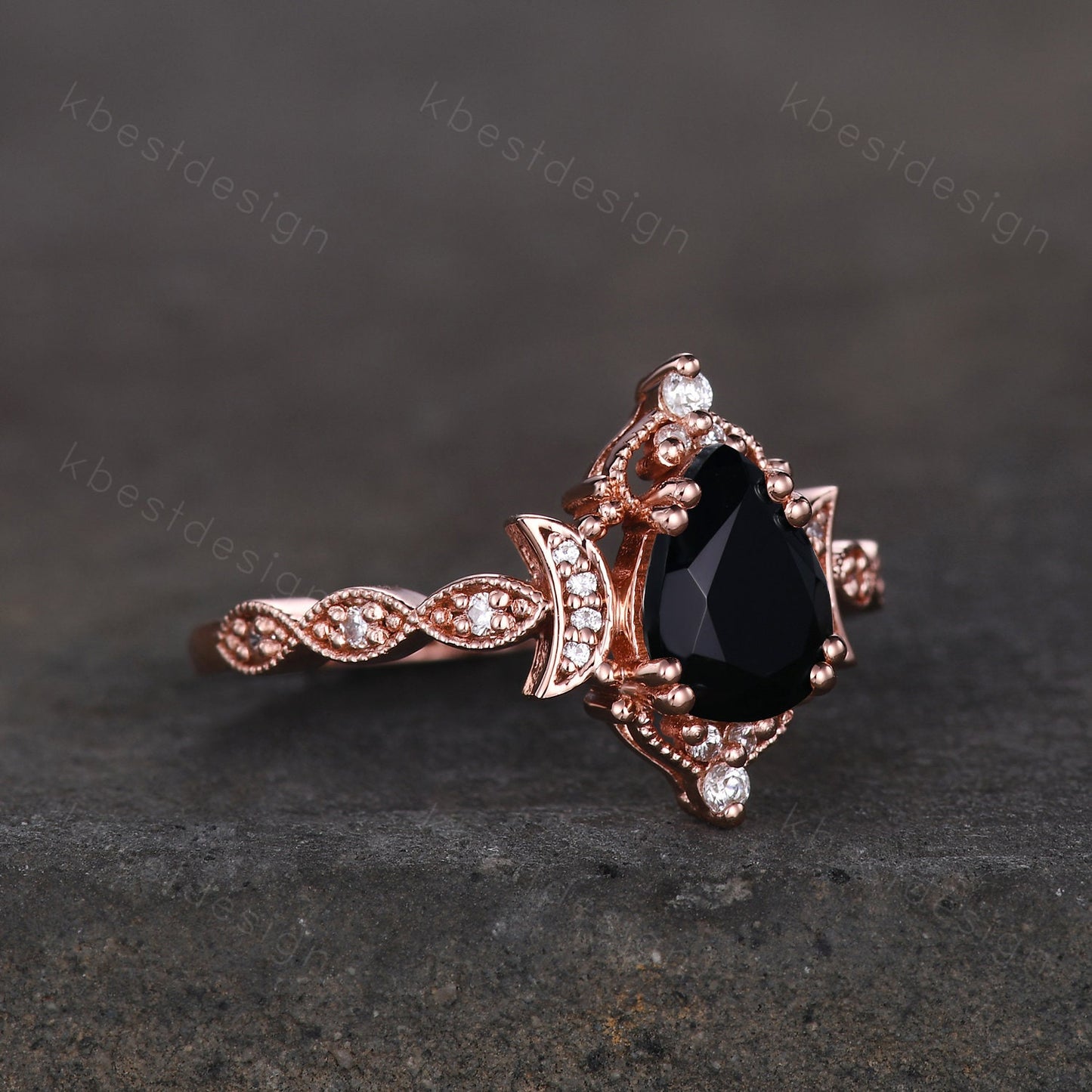 Pear shaped black onyx engagement ring unique moon style ring vintage art deco moissanite wedding ring Antique bridal Promise ring