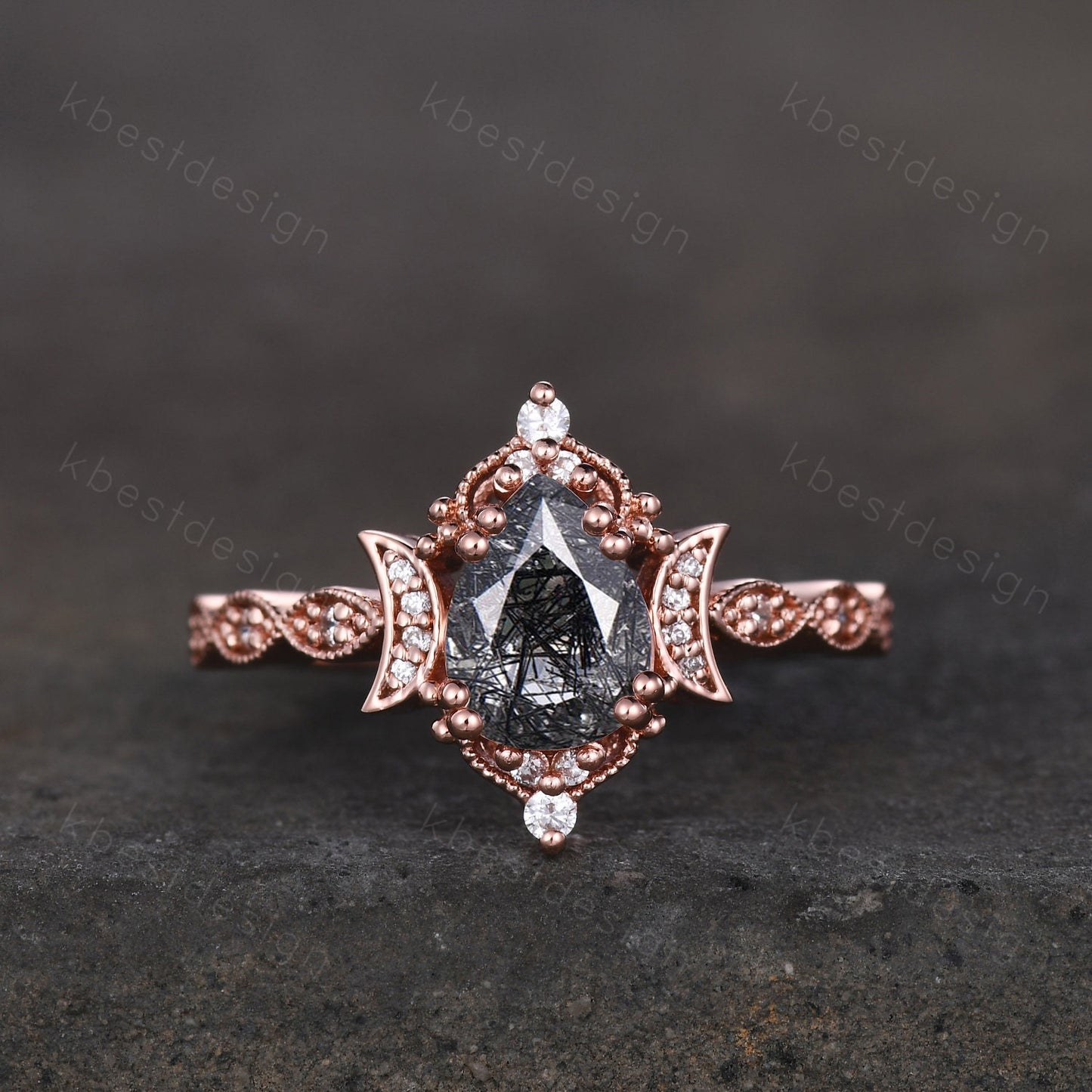 Pear shaped black rutilated quartz engagement ring unique moon style ring vintage art deco moissanite wedding ring bridal promise ring gift