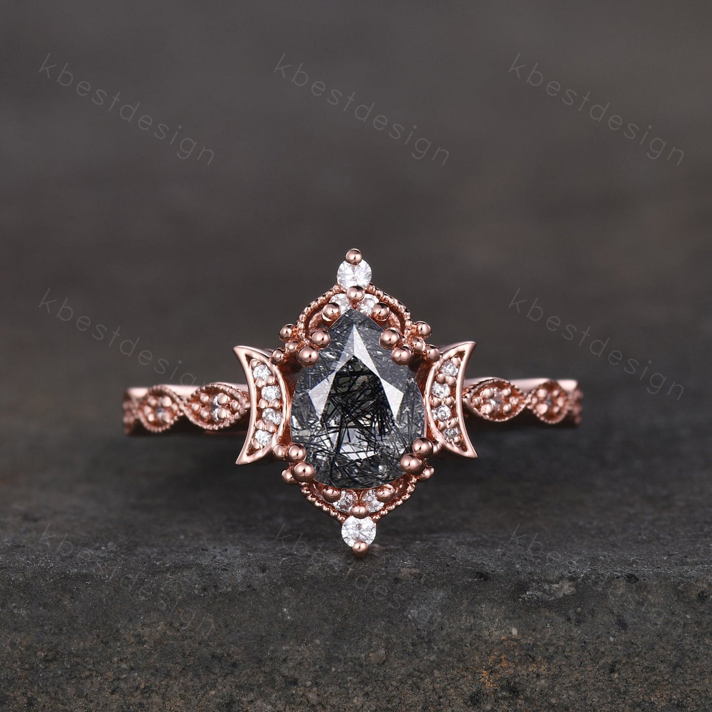 Vintage black rutilated quartz engagement ring 14k white gold ring unique moon style ring for women art deco moissanite bridal promise ring