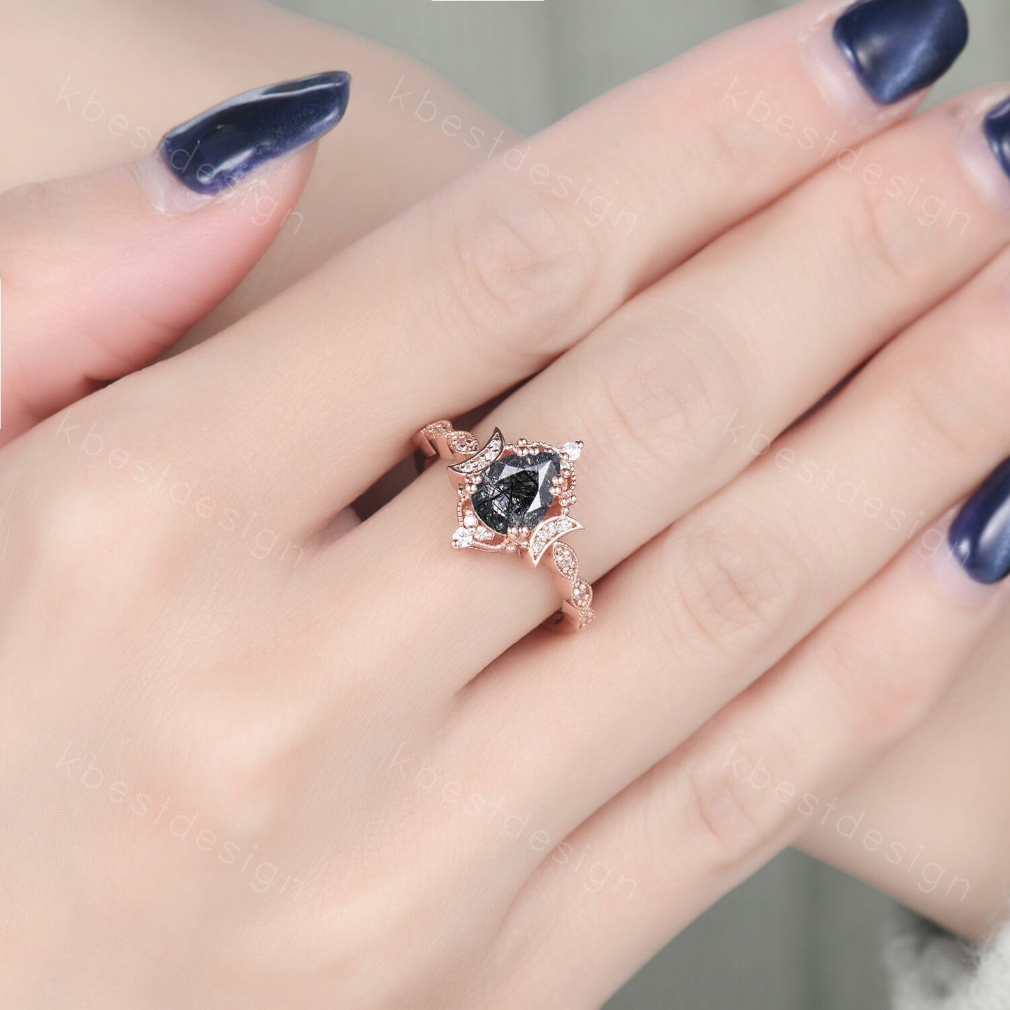 Pear shaped black rutilated quartz engagement ring unique moon style ring vintage art deco moissanite wedding ring bridal promise ring gift