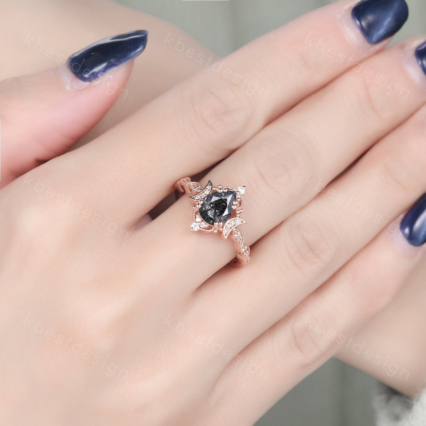 Vintage black rutilated quartz engagement ring 14k white gold ring unique moon style ring for women art deco moissanite bridal promise ring