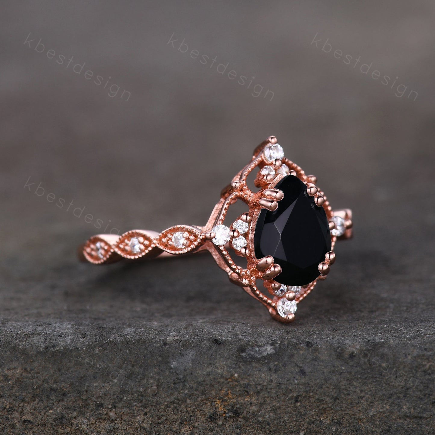 Vintage pear shaped black onyx engagement ring women rose gold rings unique art deco moissanite wedding ring Antique bridal Promise ring