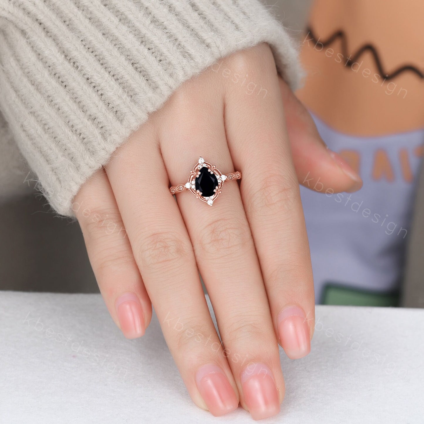 Vintage pear shaped black onyx engagement ring women rose gold rings unique art deco moissanite wedding ring Antique bridal Promise ring