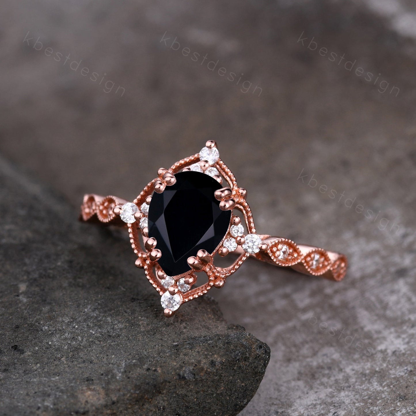 Vintage pear shaped black onyx engagement ring women rose gold rings unique art deco moissanite wedding ring Antique bridal Promise ring