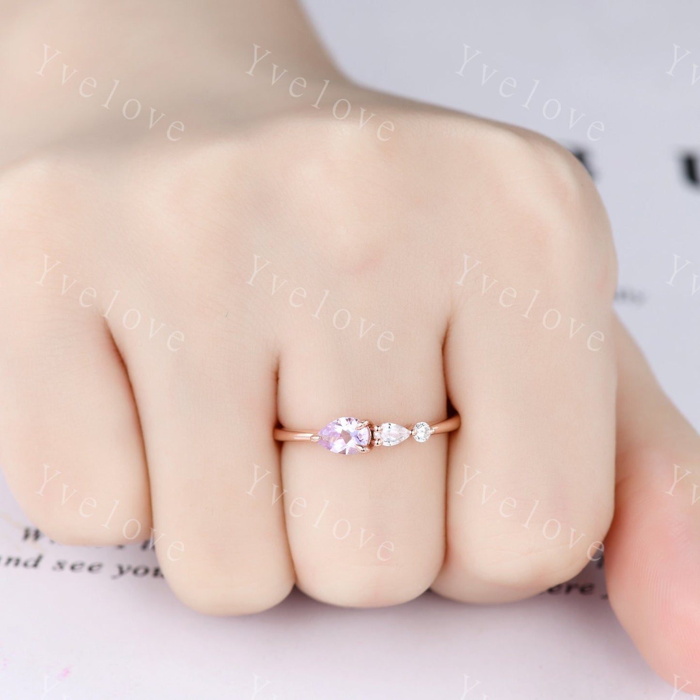 Vintage Lavender Amethyst Engagement Ring,Pear Cut Gems,Art Deco Moissanite Wedding Band,3 Stone Unique Women Bridal Promise Ring,Custom