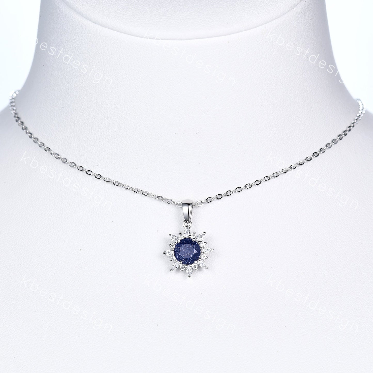 1CT Round Galaxy Blue Sandstone Necklace Vintage Art Deco Necklace for Women Unique Marquise cut Moissanite Halo Pendant Anniversary Gift