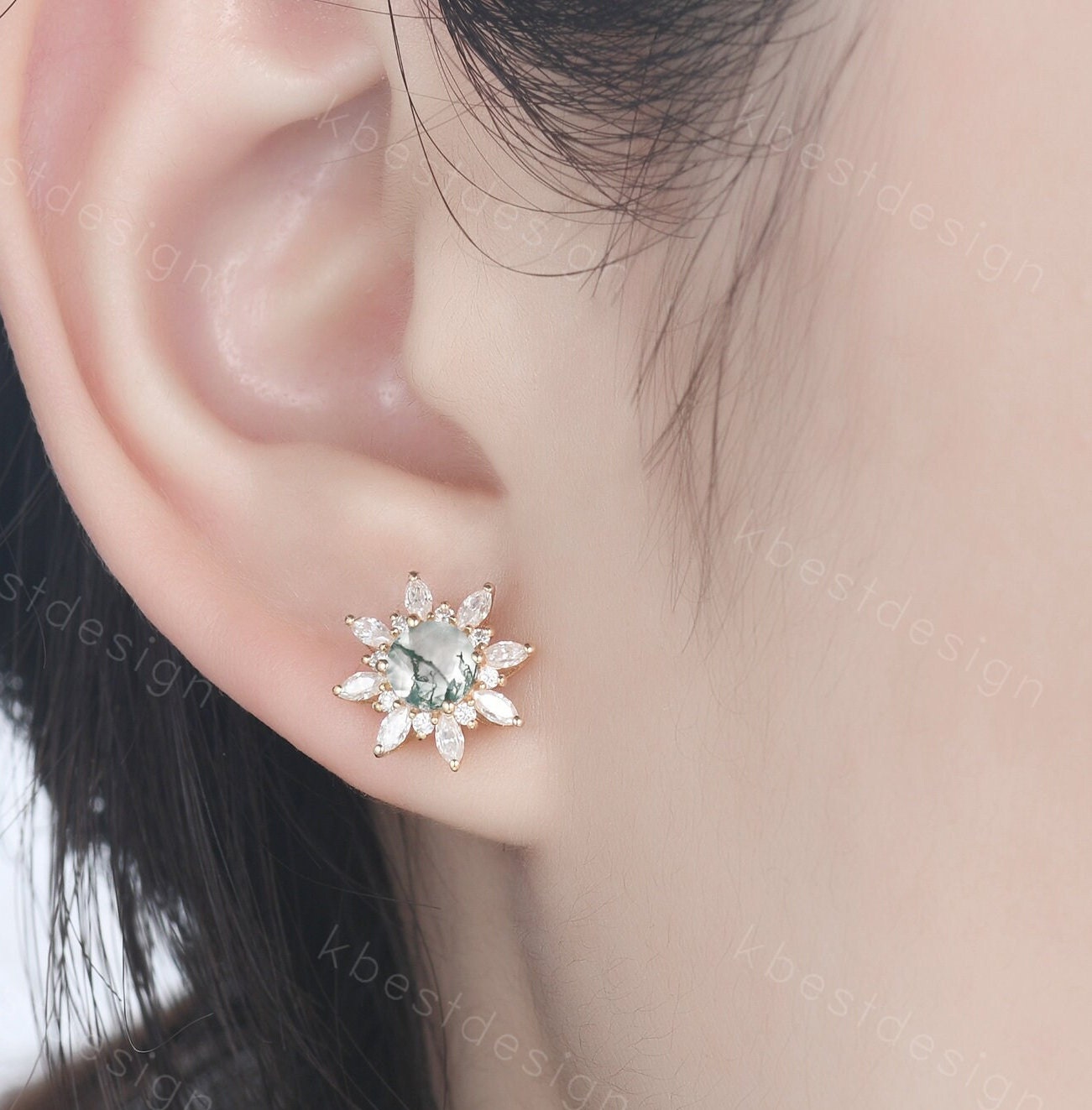 Vintage Moss Agate Earrings, Rose Gold Studs for woman, Green Aagte Stud earrings, Round cut Bridal Moissanite Earrings, Anniversary Gift