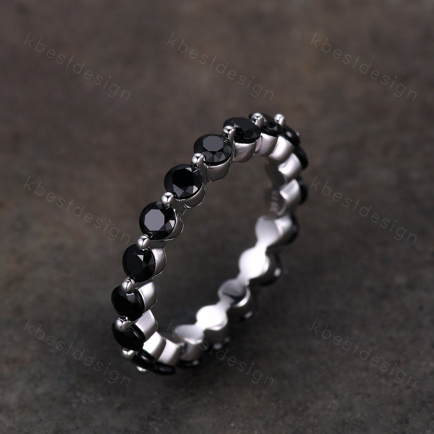 3MM Round Cut Black Spinel Wedding Band Unique Black Stone Engagement Band Eternity Stacking Band Ring Bubble Prong set Bridal Promise gift