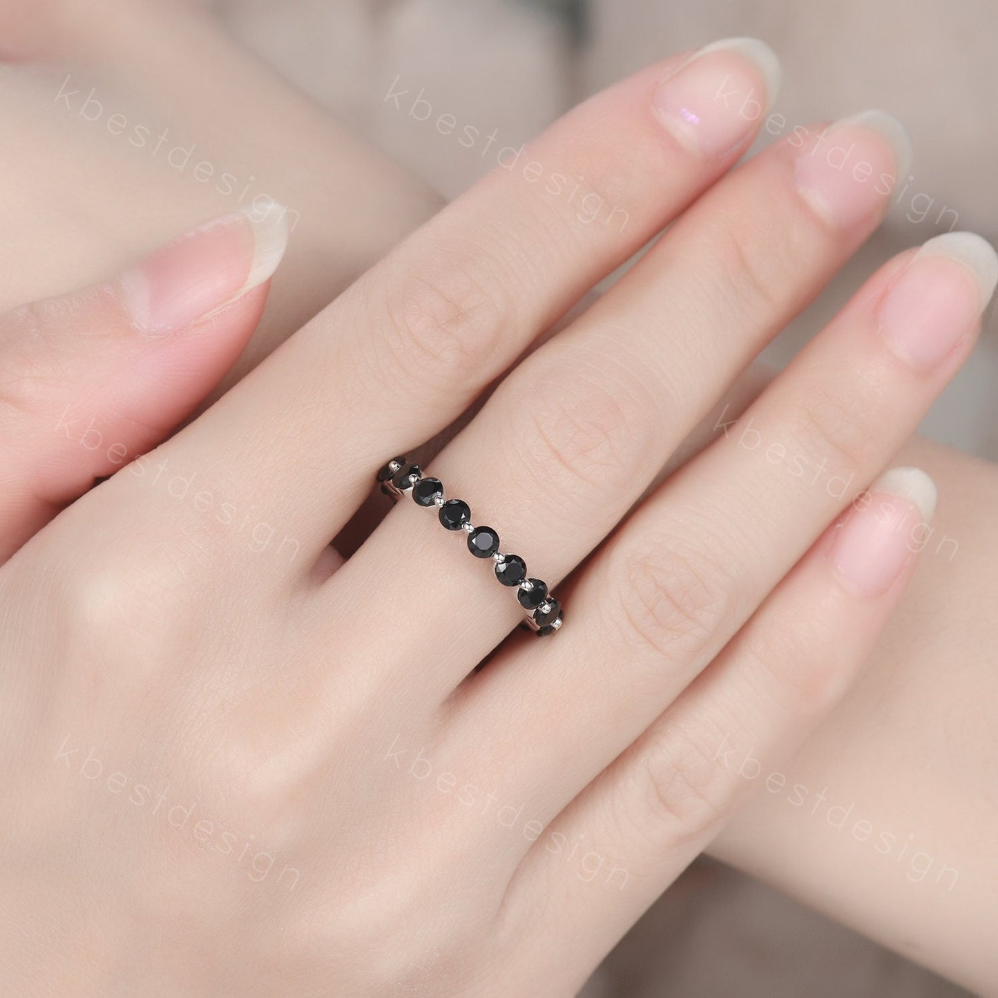 3MM Round Cut Black Spinel Wedding Band Unique Black Stone Engagement Band Eternity Stacking Band Ring Bubble Prong set Bridal Promise gift
