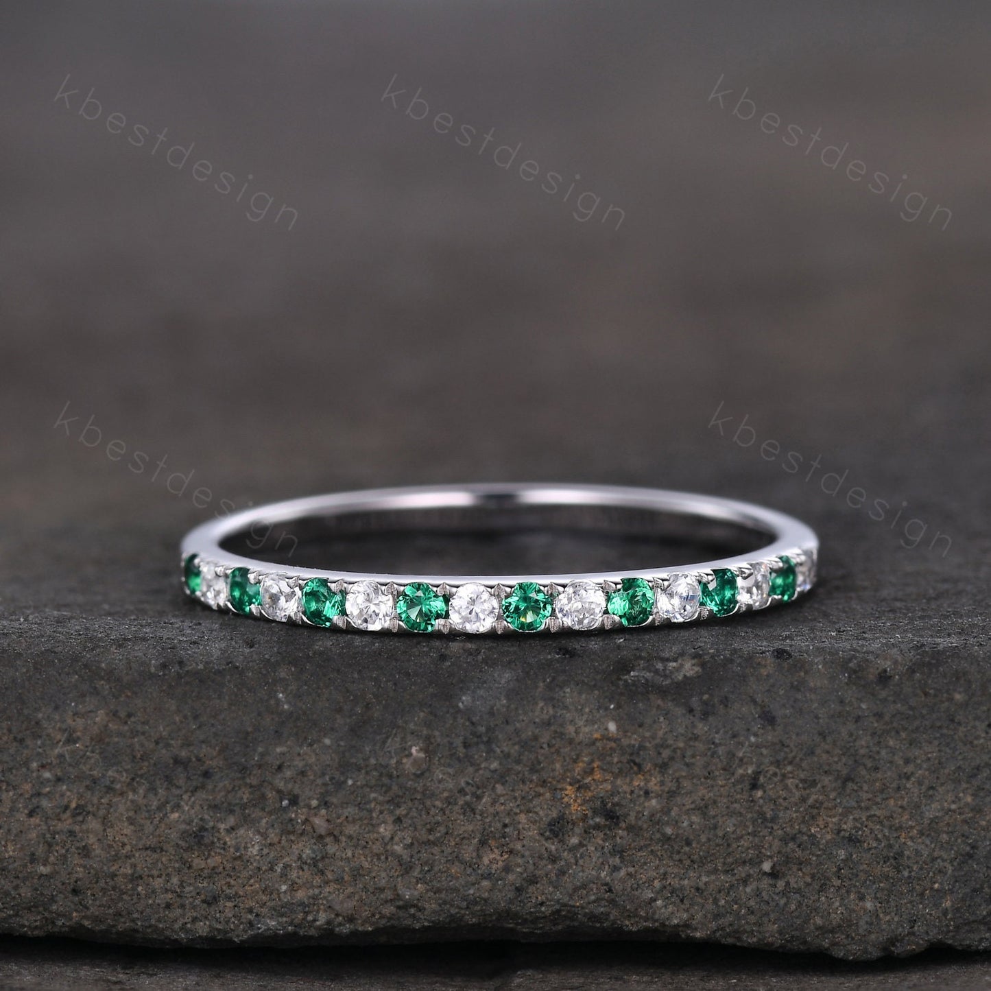 Half Eternity Emerald Wedding Band 1.5mm Emerald Moissanite Wedding Band May Birthstone Ring Pave Stacking Band Anniversary Gift for Her