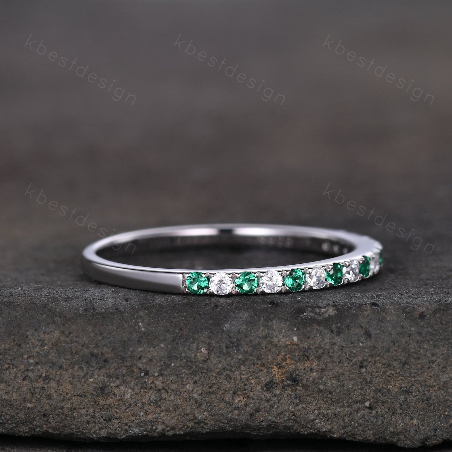 Half Eternity Emerald Wedding Band 1.5mm Emerald Moissanite Wedding Band Rose Gold Matching Ring Pave Stacking Band Anniversary Gift for Her
